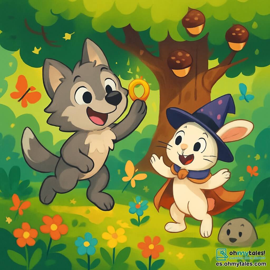 En un claro de un bosque encantado, un pequeño lobo llamado Luno, con un suave pelaje gris y ojos brillantes de curiosidad, flota alegremente en el aire, con una gran sonrisa en su rostro. Lleva un anillo dorado brillante en una de sus patas delanteras. A su lado, un pequeño conejo mago llamado Cornelius, vestido con un elegante sombrero de mago y una capa colorida, salta de alegría, con los ojos muy abiertos de emoción. Sus patas apenas tocan el suelo, rodeados de flores multicolores y mariposas que revolotean a su alrededor. Al fondo, un gigantesco árbol con ramas cargadas de frutas que parecen pasteles de chocolate se eleva majestuosamente, mientras una pequeña piedra animada sonríe y los observa con diversión. La escena irradia una atmósfera alegre y mágica, llena de colores vivos y detalles encantadores.