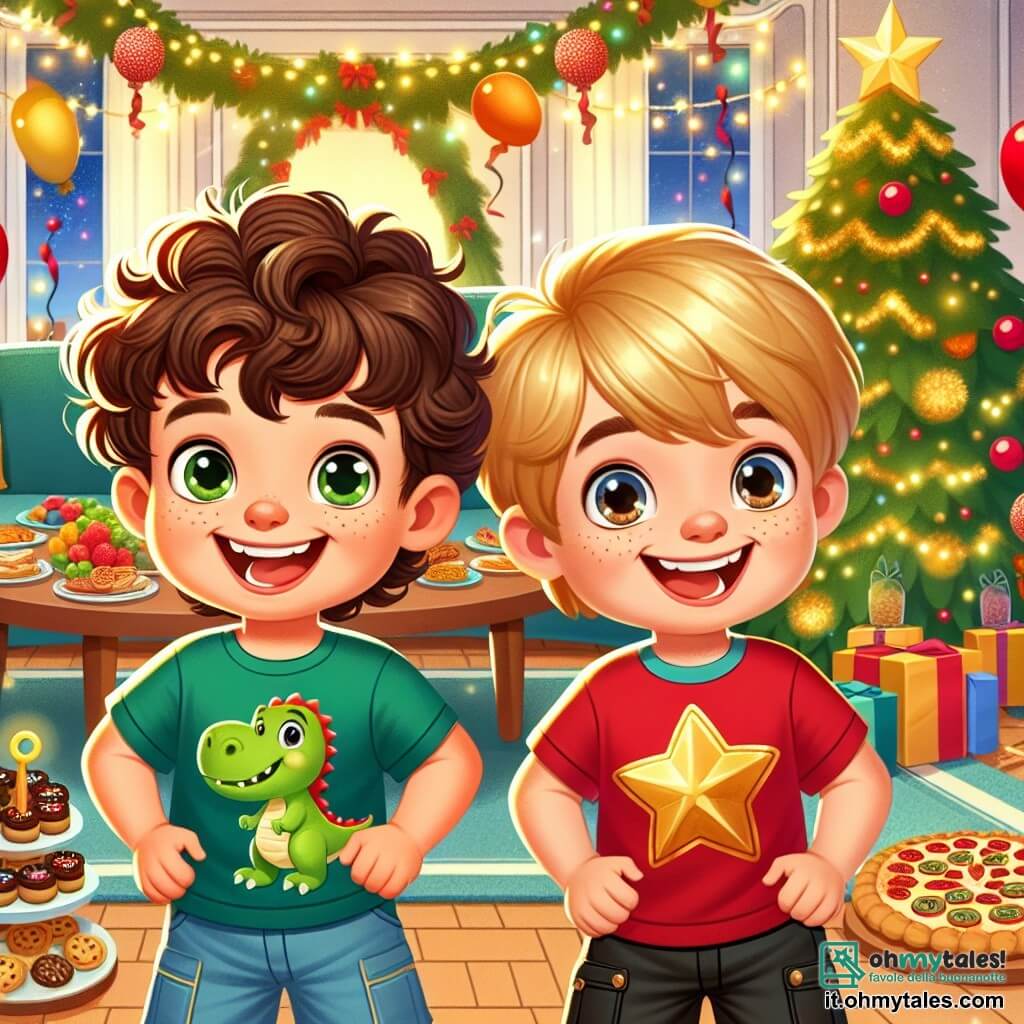 Due ragazzi, Luca e Marco, di cinque anni, si trovano al centro della stanza. Luca ha i capelli castani e ricci, indossa una maglietta verde con un disegno di dinosauro e pantaloni corti blu. Marco, invece, ha i capelli biondi e lisci, è vestito con una maglietta rossa con una stella dorata e pantaloni neri. Sorridono felicemente, tenendo decorazioni colorate nelle mani. La scena si svolge nel soggiorno di Luca, splendidamente decorato per la festa di Capodanno, con festoni scintillanti e palloncini rossi e dorati che fluttuano dal soffitto. Una grande tavola è piena di deliziose leccornie: biscotti a forma di stella, pizzette e frutta colorata. Un grande albero di Natale brilla in un angolo, illuminato da luci multicolori. I due amici si preparano a iniziare un quiz divertente per intrattenere i loro ospiti, circondati da risate ed eccitazione, pronti ad accogliere il nuovo anno con grida di gioia e sorrisi luminosi, ansiosi di condividere questo momento speciale con i loro amici.