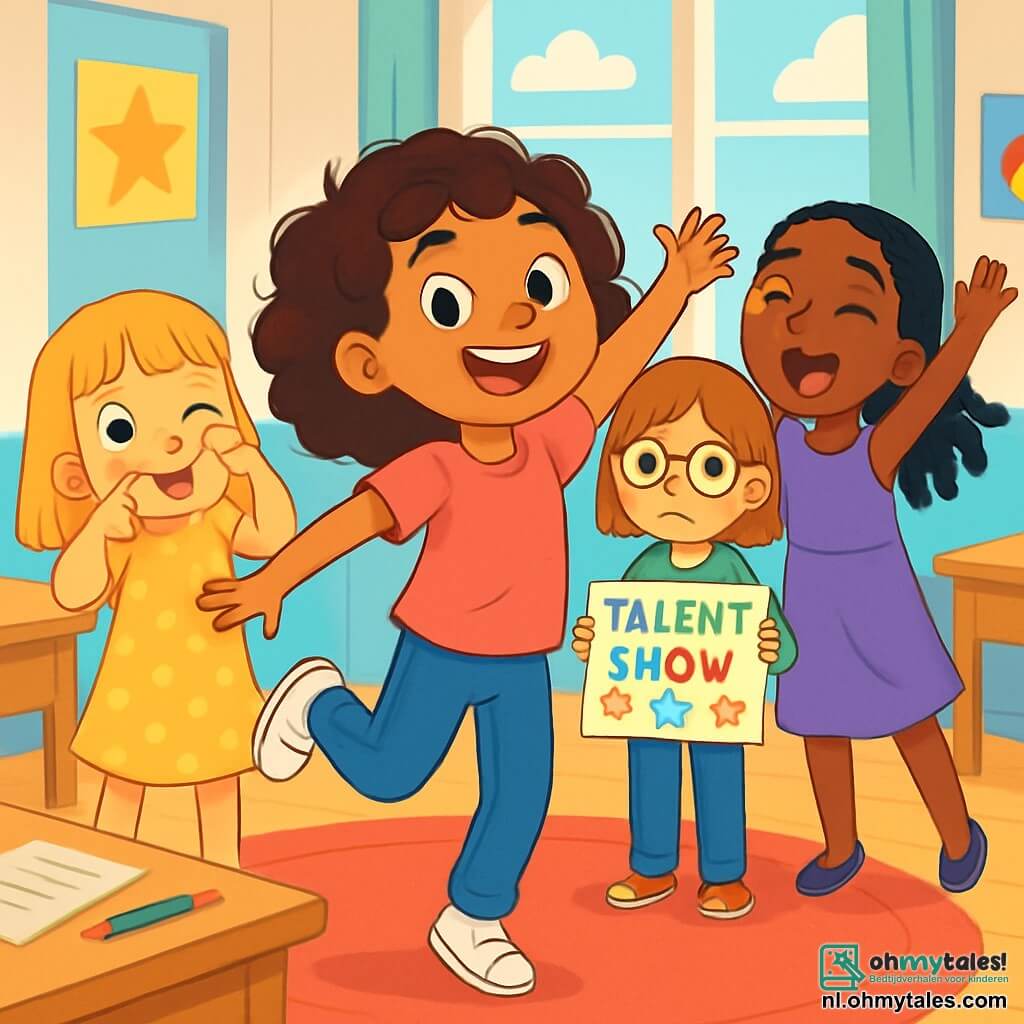 Er zijn 4 kinderen: - Noor: een 9-jarig meisje met krullend bruin haar en sprankelende ogen. Ze draagt een roze t-shirt en een blauwe broek en danst vrolijk in het midden van de afbeelding. - Emma: een 9-jarig meisje met blond haar en een pony, gekleed in een gele jurk met stippen. Ze glimlacht en maakt een grappige grimasse naar haar vriendinnen, iets links van Noor. - Lotte: een 9-jarig meisje met steil kastanjebruin haar en ronde bril. Ze draagt een groene trui en een spijkerbroek. Lotte staat iets achteraan met een kleurrijk bord met bemoedigende woorden, rechts van Noor. - Aisha: een 9-jarig meisje met gevlochten zwart haar en een paarse jurk. Ze staat naast Lotte en zingt enthousiast met haar armen omhoog naar de lucht. De scène speelt zich af in een lichte klaslokaal met lichtblauwe muren en kleurrijke posters. Ramen laten zonlicht binnen, dat een groot rood tapijt verlicht. Houten bureaus staan eromheen, en op een tafel liggen kleurpotloden en papier verspreid. De situatie toont de vier vriendinnen die hun act voor de talentenshow voorbereiden. Noor danst energiek, Emma maakt grimassen om Lotte aan het lachen te maken, die haar bord met een verlegen glimlach vasthoudt, terwijl Aisha gepassioneerd zingt. De sfeer is vrolijk en vol zelfvertrouwen, wat het belang van vriendschap en zelfvertrouwen illustreert.