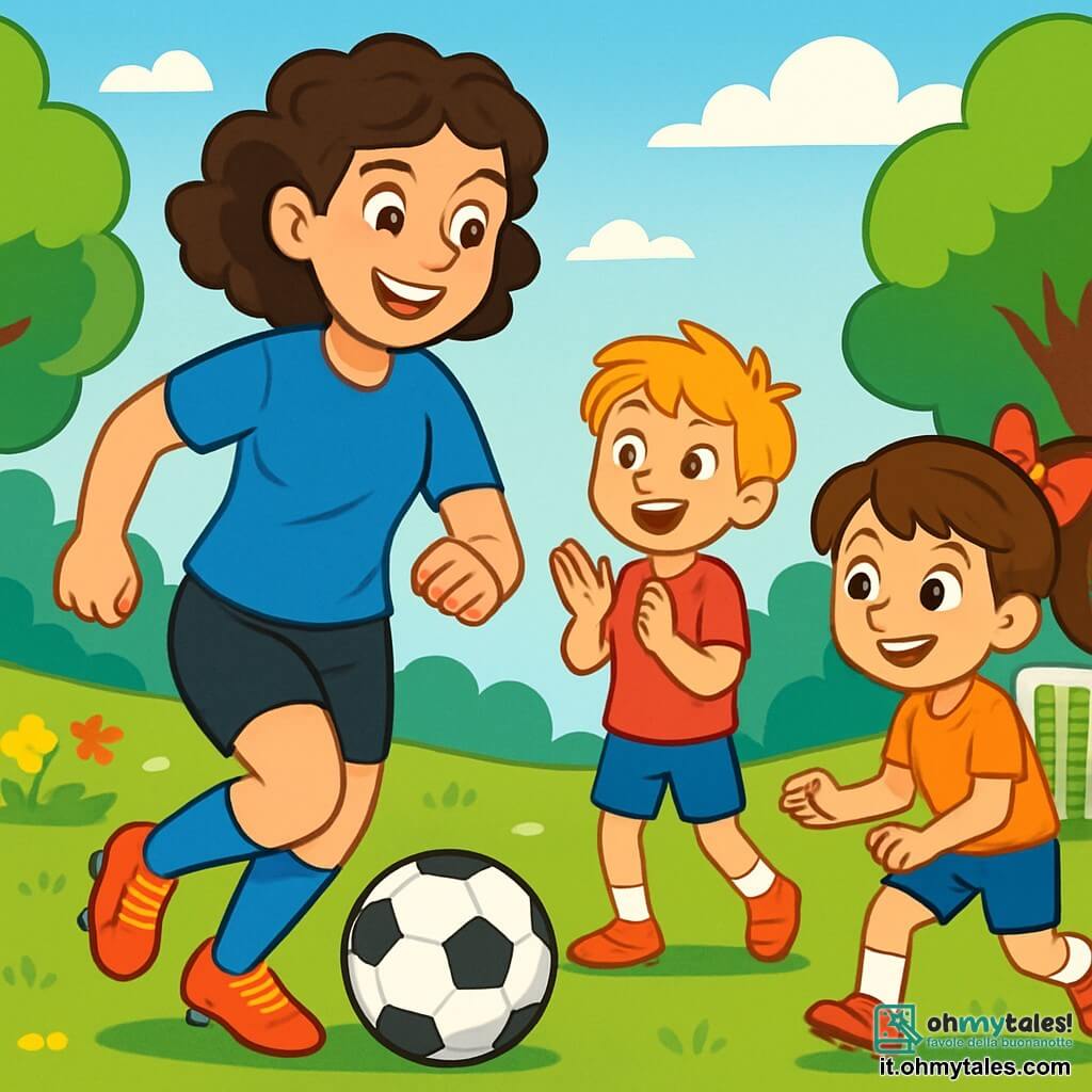 Una donna sorridente, Giulia, di circa 30 anni, con capelli ricci castani e occhi scintillanti di gioia, dribbla un pallone da calcio su un campo verde. Indossa una maglietta blu brillante e pantaloni corti neri, con un'espressione piena di entusiasmo e determinazione. Nelle vicinanze, un ragazzo di 10 anni, Marco, con capelli biondi disordinati e una maglietta rossa, applaude ammirato, mentre una ragazza di 9 anni, Sofia, con un bel fiocco rosso nei capelli, si prepara a tirare in porta, con gli occhi brillanti di eccitazione. Lo scenario è un parco soleggiato, circondato da alberi verdi lussureggianti e fiori colorati, con un cielo blu chiaro e alcune nuvole bianche e soffici. La scena mostra Giulia che insegna tecniche di calcio ai bambini, tutti ridendo e divertendosi, creando un'atmosfera gioiosa e dinamica, piena di energia e amicizia.