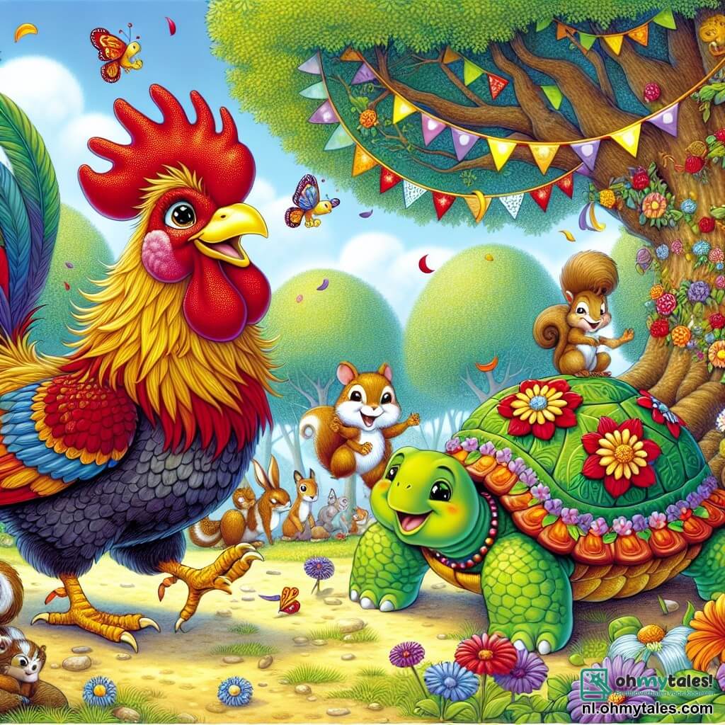 Een flamboyante haan genaamd Kiki, met een schitterende rode en gouden verenkleed, staat in het midden van het toneel, met stralende ogen van opwinding terwijl hij met zijn vleugels klapt om zijn vrienden voor een groot feest te verzamelen. Naast hem glimlacht een vrolijke schildpad genaamd Shelly, met een groene schild versierd met kleurrijke bloemen, terwijl ze een groot bord vasthoudt dat alle dieren uitnodigt voor het feest. Een ondeugende eekhoorn genaamd Squeaky, met sprankelende ogen en een pluizige staart, springt om hen heen en deelt uitnodigingen uit aan de aanwezige dieren. De achtergrond is een zonnige open plek, omringd door grote bomen met groene bladeren, met kleurrijke bloemen die dansen in de wind. Op de achtergrond staat een majestueuze grote eik als verzamelpunt, versierd met bloemenguirlandes en fonkelende lantaarns. De scène toont Kiki, Shelly en Squeaky die druk bezig zijn met de voorbereidingen voor hun feest, omringd door nieuwsgierige andere dieren die dichterbij komen om Kiki's aankondiging te horen, wat een vrolijke en feestelijke sfeer creëert.