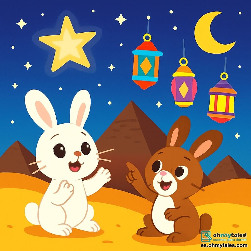 Lala, una pequeña conejita de grandes orejas y pelaje blanco, está llena de curiosidad y asombro. Mira con ojos brillantes una estrella centelleante en el cielo nocturno de El Cairo, con sus pequeñas patas levantadas como si quisiera tocar la luz. A su lado, Tino, otro conejito con pelaje marrón y manchas blancas, sonríe alegremente, con ojos chispeantes de emoción. Señala la misma estrella, un poco a distancia, como si quisiera compartir este momento mágico con Lala. El escenario es un magnífico desierto dorado, salpicado de dunas ondulantes bajo un cielo estrellado, con las grandes pirámides al fondo, iluminadas por la luna. Linternas de colores flotan a su alrededor, añadiendo un toque de magia a la escena. La situación principal muestra a Lala y Tino, maravillados por la belleza del cielo, listos para contar sus historias bajo las estrellas, rodeados de la atmósfera festiva de la "Noche de las Estrellas".