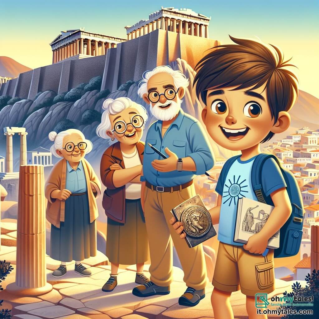 Un ragazzo di 12 anni, Marco, con capelli castani disordinati e occhi pieni di curiosità, si trova in cima all'Acropoli di Atene. Indossa una maglietta blu con un motivo di sole e un pantaloncino beige, tenendo un taccuino in una mano e una piccola moneta antica nell'altra, mostrando un grande sorriso di meraviglia. Accanto a lui, sua nonna, una donna anziana con capelli grigi raccolti e occhiali rotondi, sorride orgogliosa mentre indica il maestoso Partenone dietro di loro. Suo nonno, un uomo dal viso rugoso e dalla barba bianca, si trova leggermente in ritardo, osservando il paesaggio con un'espressione soddisfatta, le braccia incrociate. Il luogo è l'Acropoli, una collina rocciosa che sovrasta Atene, con rovine antiche illuminate dal sole al tramonto, creando un'atmosfera magica. La scena principale mostra Marco che scopre la bellezza dell'Acropoli, meravigliato dalla sua storia e dai suoi tesori, mentre condivide questo momento prezioso con i suoi nonni.