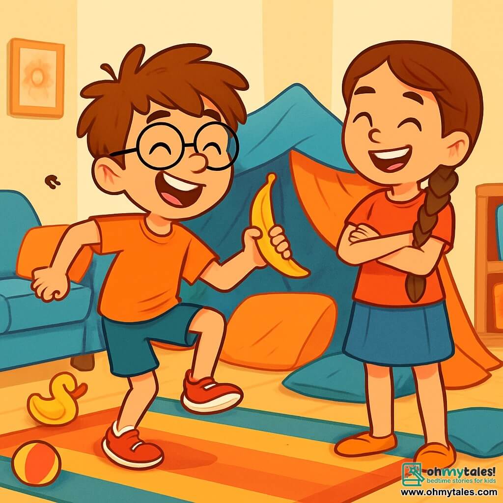 An 8-year-old boy, Max, with messy hair and round glasses, is hopping on one foot, a big smile on his face, full of excitement and determination. He holds a curved banana in his hand, ready for a fun challenge. Next to him, his sister Zoe, a 10-year-old girl with long, braided hair, laughs at him with her arms crossed, standing on a colorful rug. The scene takes place in a cozy living room filled with soft cushions and scattered toys, with a large blanket fort in the background. Max, focused and joyful, attempts to peel the banana from the bottom while singing the chicken dance song, creating a playful and laughter-filled atmosphere.