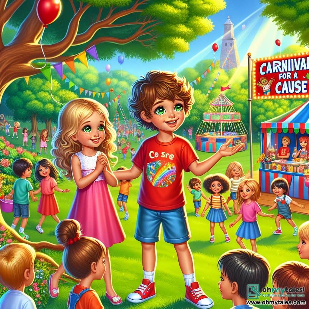 A 10-year-old boy, Max, with curly brown hair and sparkling green eyes, stands in the center of the image, smiling enthusiastically. He wears a red t-shirt and blue shorts, holding a large colorful poster announcing a "Carnival for a Cause." Beside him is an 8-year-old girl, Emma, with long blonde hair, dressed in a pink dress, looking at Max with admiration and her eyes shining with joy. In the background, a group of children of various ages enjoys themselves around colorful stands, playing games and tasting treats. The setting is a sunny park filled with greenery, majestic trees, and balloons floating in the air, creating a festive and welcoming atmosphere. The main scene shows Max and Emma, surrounded by children, celebrating their carnival while helping families in need, symbolizing unity and solidarity.