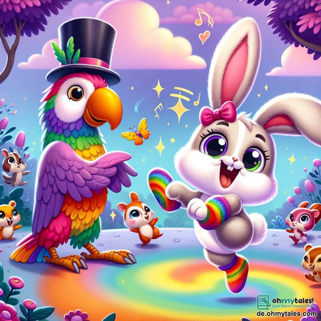Ein kleiner Hase mit großen Ohren, einem weichen, flauschigen Fell, tanzt fröhlich in der Luft, seine Augen strahlen vor Glück und ein großes Lächeln ziert sein Gesicht. Er trägt bunte Socken, die wie ein Regenbogen leuchten, und seine Pfoten scheinen über den Boden zu schweben. Neben ihm applaudiert ein alter Papagei mit strahlendem Gefieder und einem Zylinder, der amüsiert aussieht und schelmisch lächelt, während er in der Luft schwebt und ein kleines Trommelchen in seinen Pfoten hält. Weiter weg schauen eine Gruppe kleiner Waldbewohner, wie Eichhörnchen und Vögel, mit staunenden Gesichtern zu, ihre runden Augen voller Überraschung und Bewunderung. Die Szenerie zeigt eine fantastische Landschaft mit Bäumen mit lila Blättern, einem rosa Himmel, der mit zuckergussförmigen Wolken bedeckt ist, und einem Boden voller bunter Blumen, die im Takt der Musik tanzen. Die Hauptsituation zeigt den Hasen, der an einem Lufttanzduell teilnimmt, umgeben von lebhaften Farben und einer festlichen Atmosphäre, während der Papagei und die anderen Tiere ihn begeistert anfeuern.