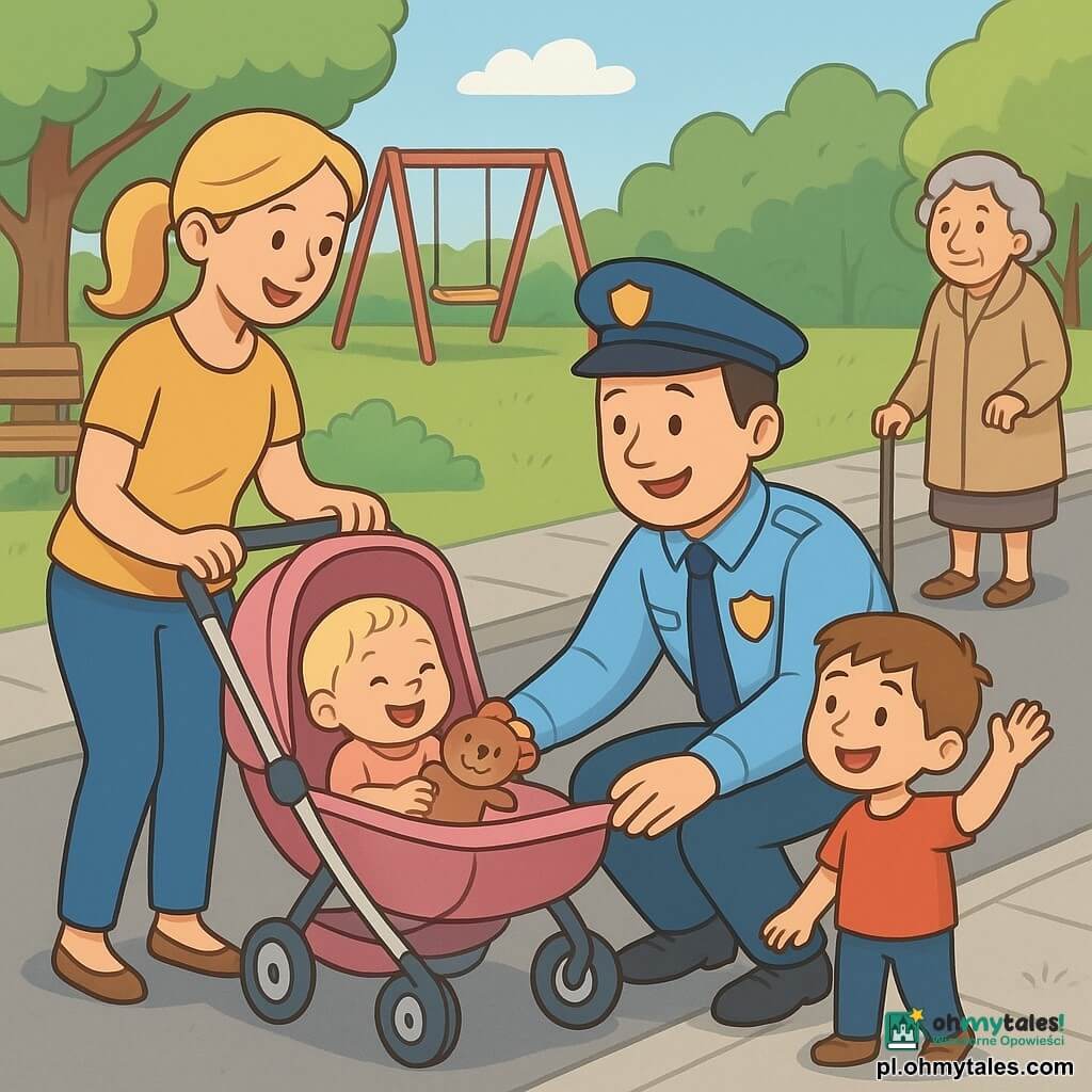 Policjant około 40 lat, krągła twarz, krótkie brązowe włosy, czyste jasnoniebieskie mundur, kuca i pomaga podnieść różowy wózek na lekko podwyższony krawężnik; mama około 30 lat, blond w kucyku, ubrana swobodnie, trzyma kierownicę wózka i patrzy z wdzięcznością; córeczka Zosia około 1 roku bawi się i uśmiecha w wózku trzymając pluszaka; chłopiec Michał około 7 lat w czerwonym T-shircie stoi po prawej, uśmiechnięty i podnosi rękę; starsza pani około 75 lat z drewnianą laską i beżowym płaszczem stoi nieco z tyłu przy przejściu dla pieszych; miejsce: mały osiedlowy park z huśtawkami, ławką i brukowaną ścieżką wśród drzew; scena: bezpieczna, ciepła i solidarna, proste sylwetki i łagodne linie w stylu książki dla dzieci.