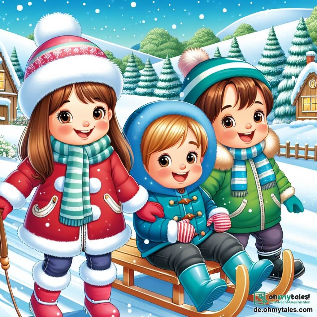 In einer magischen Winterlandschaft sind drei Freunde versammelt. Mia, ein 8-jähriges Mädchen mit langen braunen Haaren und einem strahlenden Lächeln, trägt eine rote Daunenjacke und weiße Handschuhe und schiebt einen großen Holzschlitten. Leo, ein 7-jähriger, neugieriger und energiegeladener Junge mit einer coolen blauen Mütze, trägt eine blaue Jacke und schwarze Stiefel und steht neben Mia, bereit, auf den Schlitten zu steigen. Sam, ein 6-jähriger, etwas kleinerer Junge mit blonden Haaren und roten Wangen, trägt eine grüne Daunenjacke und gestreifte Handschuhe und sitzt lachend auf dem Schlitten. Die Szenerie zeigt ein verschneites kleines Dorf mit Holzhäusern, schneebedeckten Dächern, grünen Tannen, die mit funkelndem Schnee geschmückt sind, und einem hellblauen Himmel, der sanft mit fallenden Schneeflocken verziert ist. Die drei Freunde sind bereit, gemeinsam auf dem Schlitten zu rutschen, ihre Gesichter strahlen vor Freude und Aufregung, bereit für ein unvergessliches Winterabenteuer.