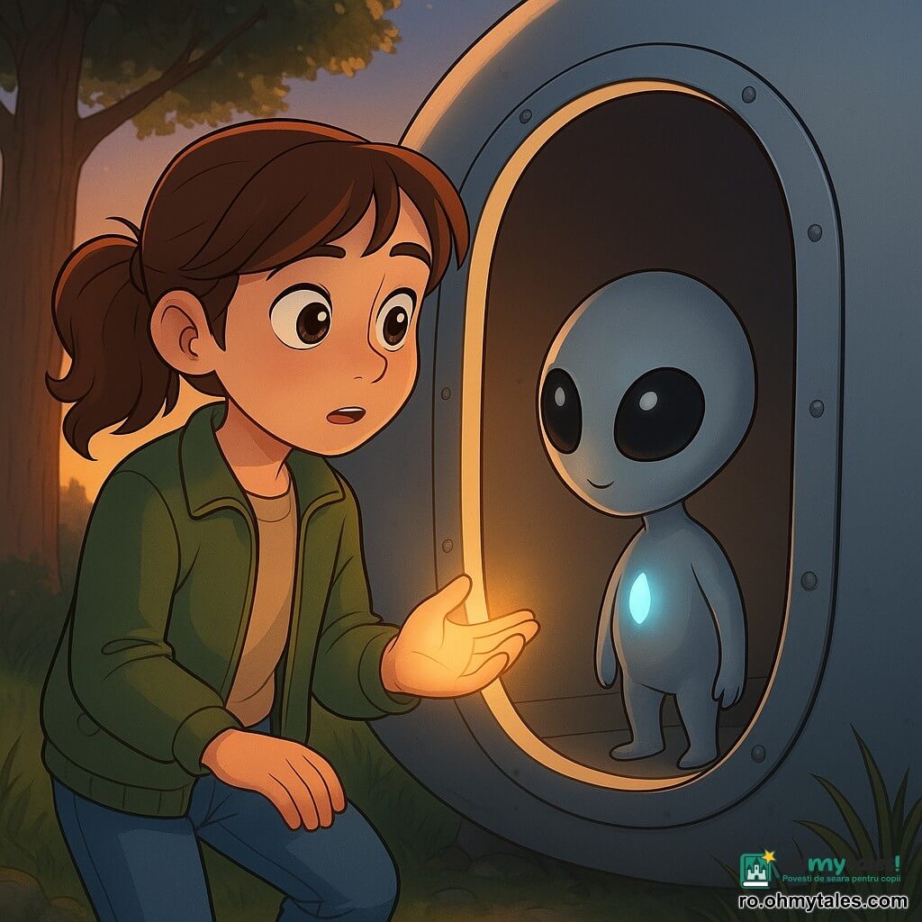 Mara, fată de 12 ani, timidă și curioasă, cu ochi mari, păr castaniu prins lejer, poartă jachetă kaki și jeanși, stă în pragul rotund al unei nave gri-argintii ținând o mână ușor luminată peste o „sămânță de lumină” invizibilă; un mic extraterestru picătură, lucios gri-argintiu cu ochi negri mari și o lumină albastră pe piept stă prietenos în prag, iar unchiul Dan, bărbat de ~45 de ani, surprins și neliniștit, apare la marginea poieniței; decor: poiană de pădure la apus cu iarbă înaltă, pietre cu mușchi și stejari, lumină caldă portocalie și accente albastre, atmosferă de întâlnire tăcută, tensionată dar prietenoasă, stil 3D cartoon cu contururi clare și texturi simple.