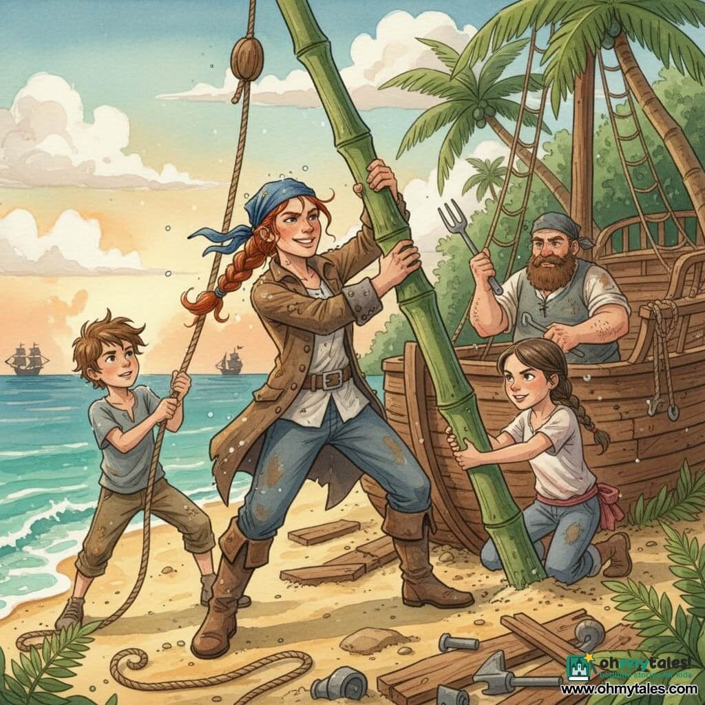 A red‑haired woman captain, rain‑slicked hair, determined smile, strong hands pushing a large bamboo mast toward a ship in worn sea coat, leather boots and blue bandana; Pip, about 10, messy brown hair, pulling a sail rope at the left of the mast with a focused face; Molly, about 10, light braid, holding the mast base on deck to the captain’s right with a brave expression; Finn the cook, bearded and stocky, sleeves rolled, using a fork as a tool to adjust rigging behind the mast; Tessa, a dark‑haired teenager near the captain, handing a metal tool from the shore beside a pile of wooden tools; tropical golden‑sand beach with ferns, curved palms and dense green jungle, broken old ship hull and scattered debris, turquoise water lapping the shore; they are together raising a makeshift bamboo mast to refloat the ship, visible tension, partly cloudy sky with an orange sunset glow, two dark enemy ship silhouettes on the horizon, dynamic composition with sharp movement, watercolor textures and controlled splashes around ropes and waves.