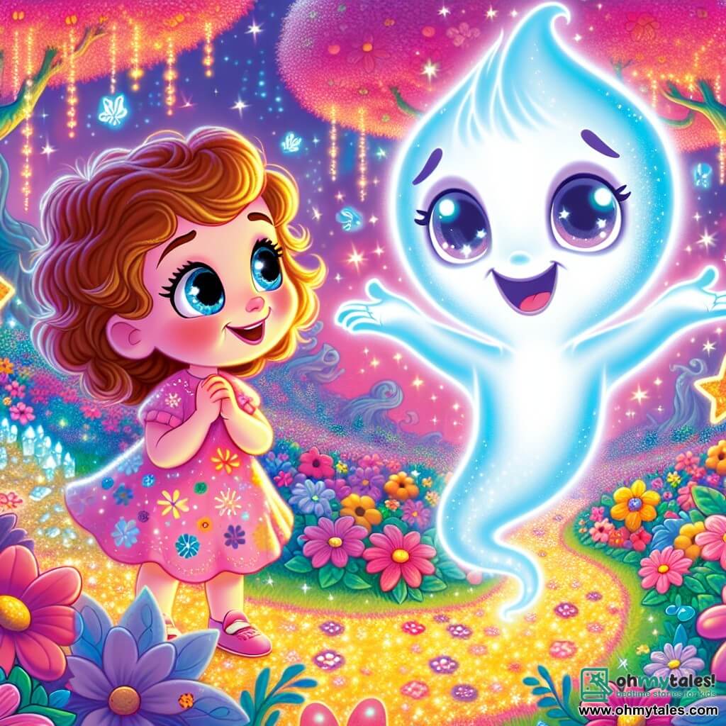 A small glowing ghost named Wisp, with a shimmering translucent body and sparkling joyful eyes, floats happily in a magical garden filled with colorful flowers. He smiles with a friendly expression, his translucent arms reaching out to a little girl. The girl, Lily, 7 years old, has bright blue eyes and curly brown hair. She wears a pink dress with flower patterns and has a look of wonder on her face. She stands on a path made of golden stars, gazing at Wisp in admiration. The garden is enchanting, with candy-colored trees, singing flowers, and crystal waterfalls sparkling under a pastel pink sky. The main scene shows Wisp and Lily discovering the magical heart of the kingdom, with a glowing crystal floating above a small silver pond, surrounded by vibrant flowers that seem to dance to the rhythm of magic.