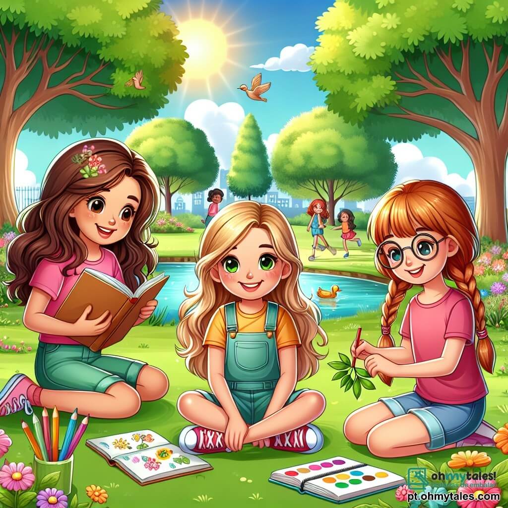 Três meninas, Clara, Sofia e Mariana, com cerca de 10 anos, estão reunidas em um parque ensolarado. Clara, com cabelos castanhos ondulados e um sorriso radiante, segura um livro nas mãos, sentada na grama verde. Sofia, com cabelos loiros trançados e uma camiseta rosa, está em pé ao lado dela, desenhando em um caderno com lápis de cor. Mariana, com cabelos castanhos e óculos, está agachada perto de uma árvore, coletando folhas para seu projeto criativo. O parque está cheio de flores coloridas, grandes árvores com folhas verdes e um céu azul claro com nuvens brancas. Ao longe, há um pequeno lago brilhante sob o sol, onde patos nadam tranquilamente. As três amigas redescobrem sua amizade brincando juntas, sem telas, compartilhando risadas e ideias criativas. A atmosfera é alegre e cheia de vida, ilustrando a importância de passar tempo juntas no mundo real.