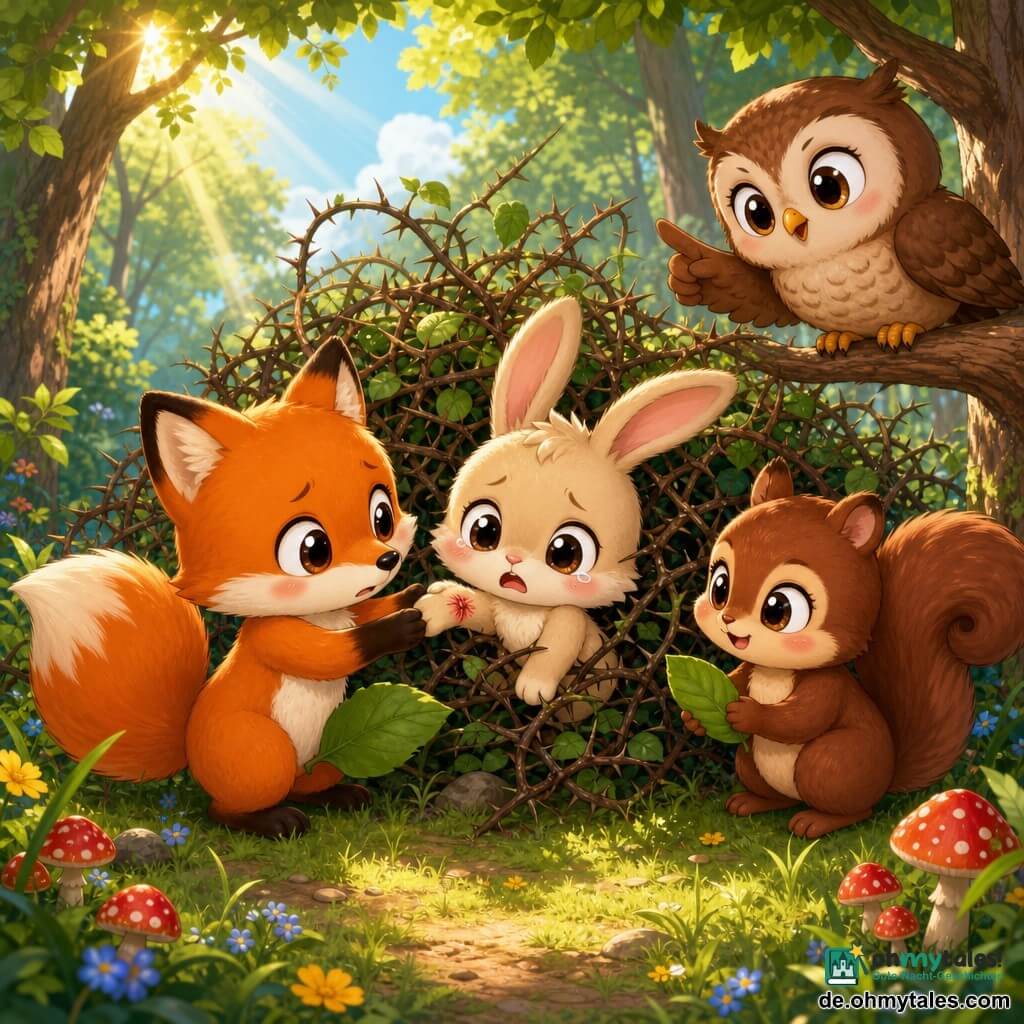 Ein chibi-Fuchs mit leuchtend rötlichem Fell und weißem Bauch, großen runden Augen, besorgtem aber entschlossenem Blick, zieht sanft die Pfote seines Freundes und hält ein großes grünes Blatt als Verband; ein chibi-Hase (Hanno) mit hellbeigen langen Ohren, flauschigem Fell, verängstigtem Gesicht und kleiner Fußverletzung steckt teilweise in einem dichten Dornbusch fest; eine chibi-Eule (Emma) braun mit weisen Augen sitzt auf einem niedrigen Ast rechts, beobachtet besorgt und gibt Anweisungen; ein chibi-Eichhörnchen (Susi) dunkelrot, muntere Augen, steht neben dem Fuchs, hält ein Blatt und bereitet Hilfe vor, lächelnd ermutigend; Ort: sonniger Waldrand mit grünen Wiesen, gelben und blauen Blumen, strukturierten Baumstämmen, Sonnenstrahlen zwischen den Blättern und einigen roten Pilzen; Szene: liebevolle kooperative Rettung — die Freunde befreien gemeinsam den Hasen aus den Ranken und versorgen die kleine Wunde, warme beruhigende Stimmung, leuchtende kontrastreiche Farben, niedliche Details (rosige Wangen, große Köpfe, chibi-Proportionen).