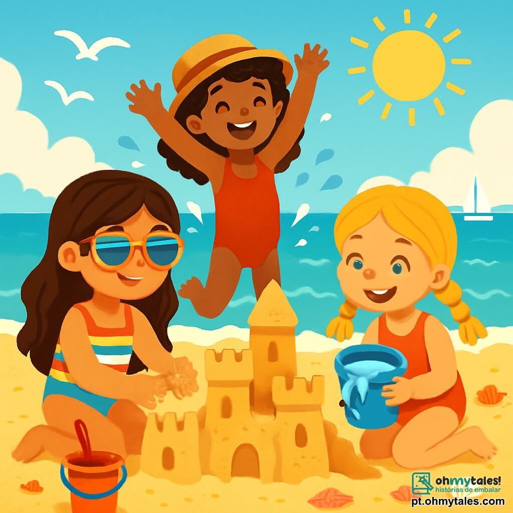 Há 3 personagens: Inès, uma menina de 9 anos com longos cabelos castanhos e óculos de sol coloridos, vestindo um maiô listrado e construindo um castelo de areia com as mãos cheias de grãos dourados; Joana, uma menina de 8 anos com cabelos loiros trançados e um grande sorriso, sentada ao lado de Inès, segurando um balde cheio de água do mar, pronta para despejar no castelo; Mariana, uma menina de 9 anos com cabelos cacheados e um chapéu de palha, em pé atrás delas, com os braços levantados como se estivesse pulando de alegria, com respingos de água ao seu redor. O cenário é uma praia ensolarada com areia fina e dourada, ondas turquesa suavemente quebrando na costa e conchas coloridas espalhadas pelo chão. Ao fundo, veleiros brancos navegam em um oceano cintilante sob o sol radiante. As três amigas estão construindo um enorme castelo de areia, cercadas por baldes e pás coloridas, rindo e se divertindo, criando torres e fossos, enquanto gaivotas voam acima delas, adicionando vida a esta cena alegre e de verão.