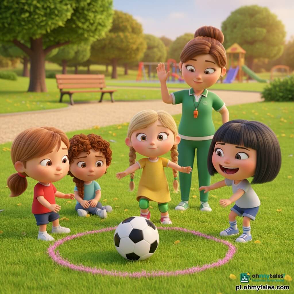 Cinco personagens num pequeno parque ensolarado: Lia, 6 anos, cabelo castanho-claro em rabo, rosto redondo com sardas, veste maiô vermelho e tênis brancos, está à esquerda empurrando a bola com a ponta do pé; Bia, 6 anos, cabelo preto liso ao queixo, sobrancelhas expressivas, short azul e meias listradas, está à direita pronta para chutar, rindo; Nina, 5 anos, tranças loiras, olhos grandes, vestido amarelo e joelheiras verdes, no centro-trás com os braços abertos prestes a correr; Ju, 6 anos, cabelo castanho encaracolado em trança, expressão tímida, moletom roxo e calças confortáveis, sentada à esquerda observando as amigas; Mara, treinadora adulta de 30 anos, cabelo preso, sorriso gentil, roupa de coach verde e apito laranja, de pé atrás das crianças encorajando-as. O parque tem relva verde, caminho de cascalho claro, banco de madeira, árvores de copa arredondada e um parquinho desfocado ao fundo; no centro há uma bola de futebol branca e preta sobre um círculo de giz rosa. Cores vivas, formas suaves, expressões calorosas e movimento leve.
