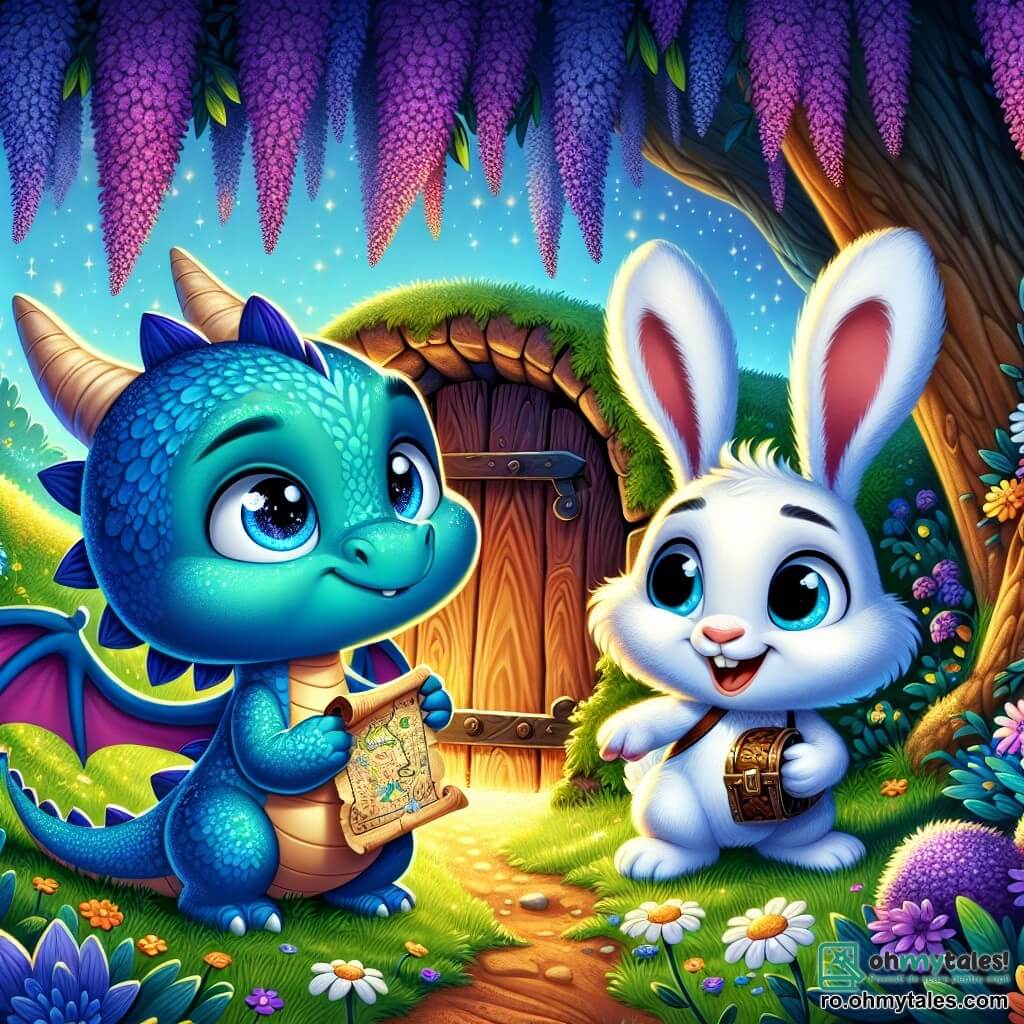 Un mic dragon cu solzi de un albastru strălucitor și cu aripi mari și strălucitoare, pe nume Lili, privește cu ochi strălucitori de emoție, ținând o hartă a comorii în lăbuțele sale mici. Lângă el, un iepuraș adorabil cu urechi mari și albe și blană moale, pe nume Bobi, zâmbește cu entuziasm, ochii săi rotunzi plini de curiozitate, gata să pornească în aventură. Scena se desfășoară sub un copac mare cu flori mov strălucitoare, cu raze de soare filtrând prin frunze, iluminând solul acoperit cu iarbă verde și flori colorate. Lili și Bobi stau în fața unei uși mici din lemn, ascunsă sub frunziș, gata să intre într-un tunel misterios. Lili și Bobi sunt pe cale să descopere o lume magică, plină de stele strălucitoare și surprize, inimile lor bătând de emoție și aventură.
