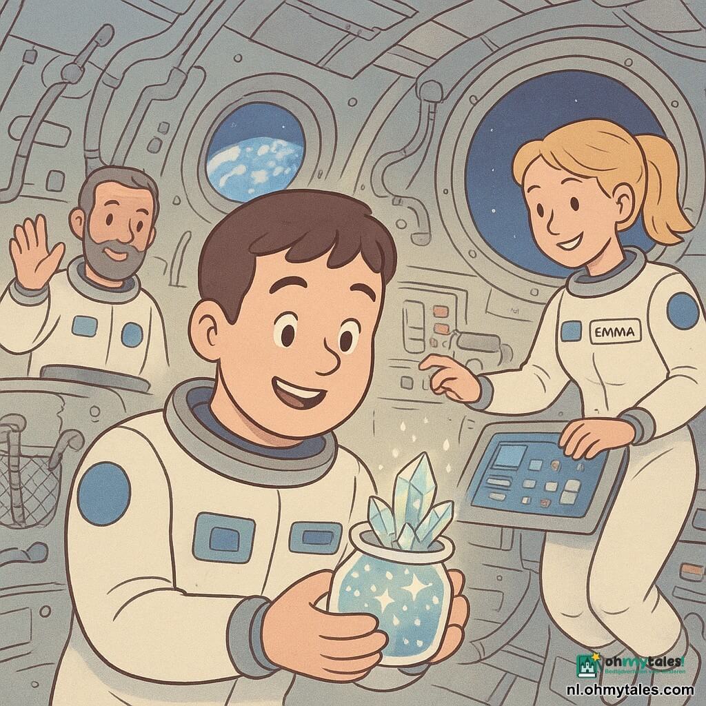 Een mannelijke astronaut, rond de dertig, rond gezicht en kort bruin haar, verwonderd en blij, in een witte ruimtepak met blauwe emblemen, zwevend in het ruimtestation en voorzichtig een klein transparant flesje vasthoudend waarin glinsterende kristallen groeien; naast hem zweeft Emma, rond de dertig, blond paardenstaart, bemoedigende glimlach, tikkend op een touchscreen bij een instrumentenpaneel aan zijn rechterzijde; achter en iets links staat kapitein Tom, ongeveer 45, kort grijze baard, beschermende blik, bij een luchtsluis terwijl hij de scène met een handgebaar gadeslaat; interieur: gebogen metalen wanden, kleurrijke knoppenpanelen, kabels, slangen, riemen en netten met zwevende kleine gereedschappen en een groot rond raam met de blauwe en witte aarde op de achtergrond; sfeer: rustig en magisch, kristallen groeien in gewichtloosheid met vonkjes en reflecties, warme wetenschappelijke sfeer, zachte pastelkleuren, ronde vormen en duidelijk leesbare gezichtsuitdrukkingen.