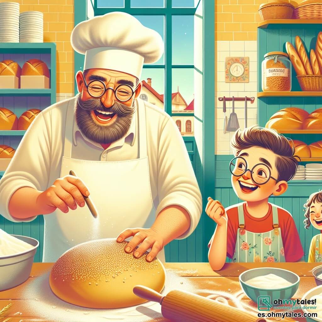 Un panadero alegre, un hombre de mediana edad con barba castaña y gafas redondas, sonríe ampliamente mientras amasa una gran bola de masa en su colorida cocina. Lleva un delantal blanco manchado de harina y un gorro de panadero tradicional. A su lado, una niña de unos 8 años, con cabello rizado y un vestido de flores, ríe mientras añade semillas de sésamo al pan que decoran juntos. Un niño de 7 años, con gafas y una camiseta roja, observa atentamente, sosteniendo un rodillo, listo para ayudar. La escena transcurre en una encantadora panadería, con paredes pintadas de amarillo pastel, estanterías llenas de panes dorados y ventanas que dejan entrar la luz del sol, creando una atmósfera cálida y acogedora. La situación principal muestra al panadero y los niños divirtiéndose juntos mientras preparan un pan especial para un concurso, llenos de alegría y creatividad, mientras la masa sube suavemente sobre la mesa.