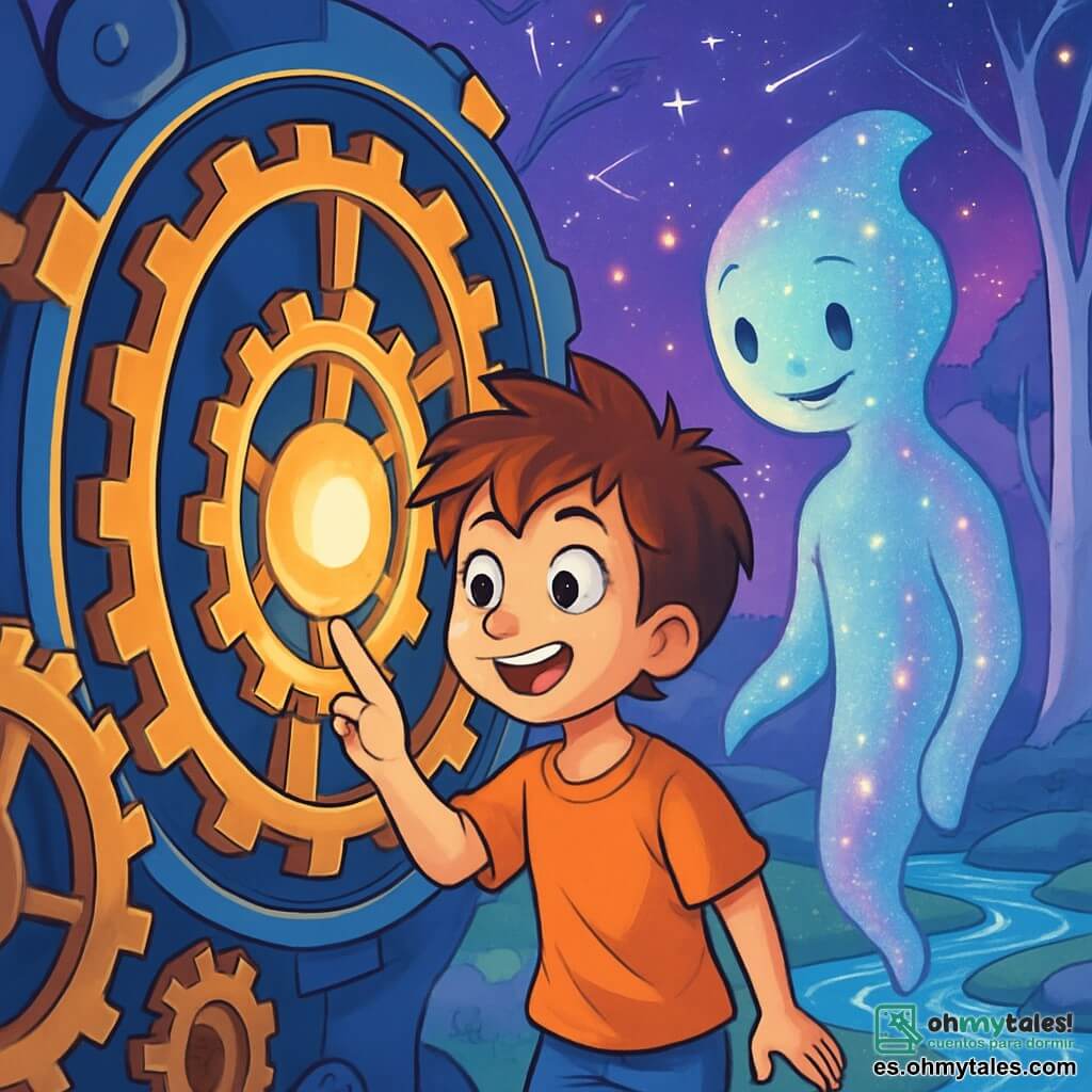 Un niño de 10 años, Lucas, con cabello castaño desordenado y ojos brillantes de curiosidad, se encuentra frente a una máquina gigantesca con engranajes brillantes. Su rostro expresa asombro y emoción mientras toca suavemente una esfera luminosa en el centro de la máquina. A su lado, una entidad luminosa, que representa la conciencia colectiva, flota ligeramente sobre el suelo. Tiene una forma etérea, con colores cambiantes que brillan como estrellas, y parece hablarle con amabilidad. El lugar es un paisaje fantástico, donde árboles de troncos plateados se elevan hacia un cielo violeta salpicado de constelaciones brillantes. Ríos de aguas cristalinas serpentean por el suelo, reflejando la luz de las estrellas y creando una atmósfera mágica. La situación principal muestra a Lucas, maravillado, descubriendo la máquina de los sueños, listo para explorar un mundo donde sus pensamientos cobran vida. El aire está cargado de misterio y aventura, invitando a los niños a imaginar las posibilidades infinitas que les esperan.