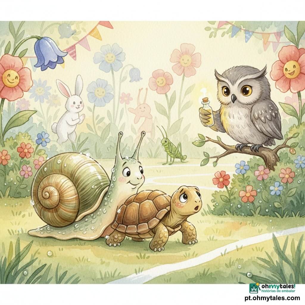 Um caracol bem visível, corpo brilhante e concha espiral creme e verde, expressão determinada e benevolente, sorrindo levemente enquanto empurra suavemente uma pequena tartaruga rumo à linha de chegada; a tartaruga, carapaça castanho-ocre e olhos arredondados e preocupados, está presa num arbusto baixo e mostra surpresa e gratidão. À direita, uma coruja sábia empoleirada num galho baixo, penas cinzentas e olhos dourados, observa orgulhosa segurando uma pequena ampola brilhante nas garras. Ao fundo, animais do jardim (um coelho branco, um gafanhoto verde, flores antropomórficas) aplaudem em silhuetas coloridas. Cena num jardim mágico ao amanhecer: relva com gotas de orvalho, flores grandes e coloridas, bandeirolas de corrida entre galhos e linha de chegada pintada de branco; atmosfera calma e emotiva, tons pastel quentes, estilo aquarela suave com detalhes em caneta gel branca nos reflexos e nas gotas.