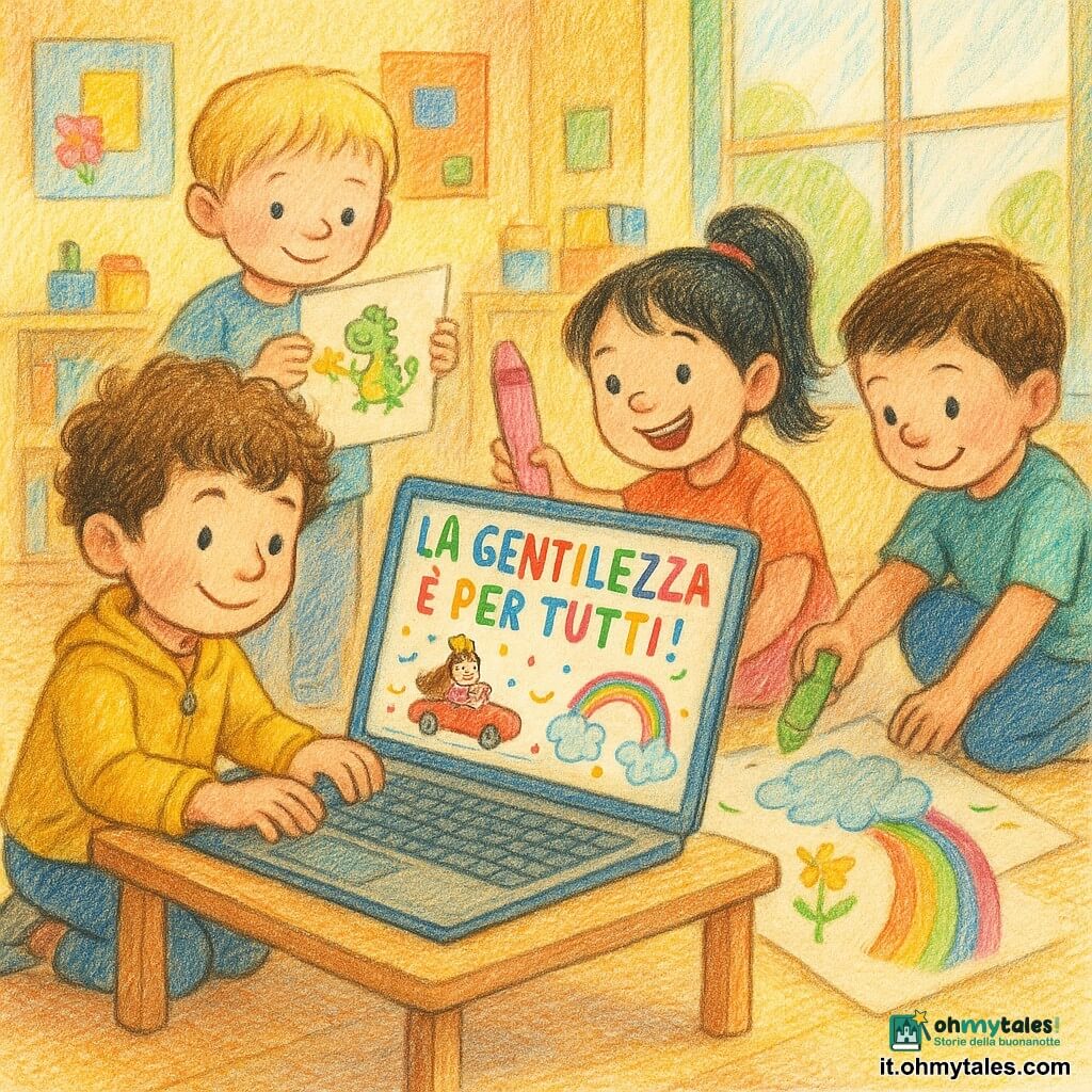 Giulio, sorriso concentrato e capelli castani ricci, batte su una tastiera di un portatile su un tavolino di legno; Sofia, allegra con coda di cavallo nera, disegna con una grande matita rosa una principessa al volante di un'auto rossa; Matteo, curioso, aggiunge una grande nuvola arcobaleno con un pastello verde accovacciato a destra; Alex, timido ma sorridente e biondo, incolla un piccolo drago verde che tiene un fiore giallo, dietro Giulio; la scena è una classe luminosa con poster colorati, scaffali con giochi e vernici e una grande finestra che diffonde luce soffusa; i quattro creano insieme un manifesto colorato intitolato La gentilezza è per tutti! scritto in lettere multicolori con coriandoli e stelle; stile: tratti morbidi a matita colorata, colori vivaci, texture della carta visibile, espressioni benevole e atmosfera calda e inclusiva.