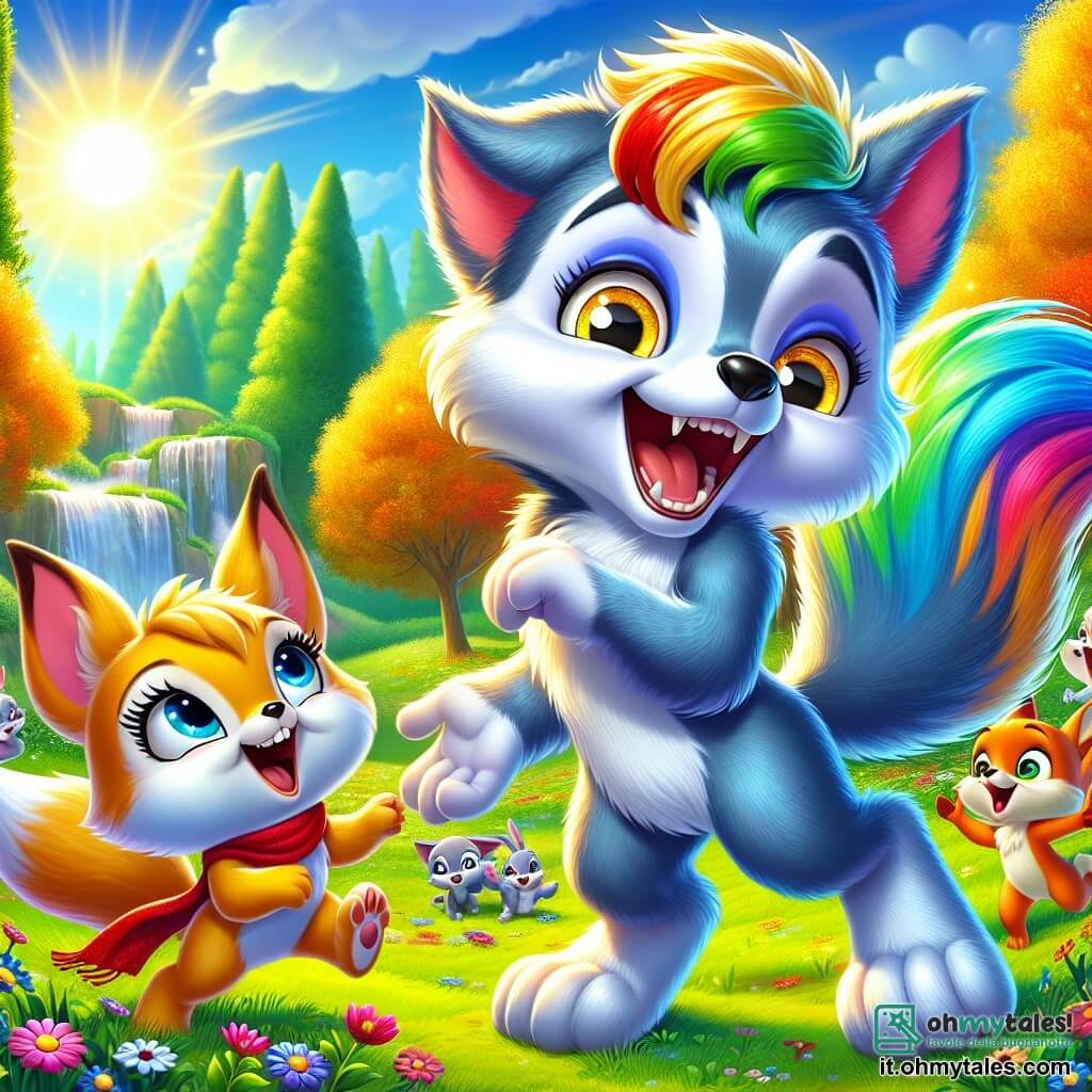 Al centro dell'immagine, Lupoletto, un lupo mannaro dai peli blu brillanti e dalla coda arcobaleno, ride di gusto, i suoi grandi occhi gialli brillano di gioia. Sta raccontando una barzelletta, con una postura dinamica e giocosa, e un sorriso splendente che mostra i suoi denti bianchi. A destra, un piccolo coniglio dalle grandi orecchie, con pelliccia bianca e occhi maliziosi, salta di gioia ridendo. Indossa un piccolo fazzoletto rosso attorno al collo ed è pronto a partecipare alla festa. A sinistra, una volpe rossa con una coda folta e occhi vivaci ride, con le zampe anteriori sollevate come se applaudisse Lupoletto, circondata da fiori colorati che danzano nel vento. Lo scenario è un radura soleggiata, circondata da alberi maestosi con foglie verdi brillanti e fiori multicolori che sbocciano intorno. Il cielo è di un blu intenso, punteggiato da alcune nuvole bianche e soffici. La scena principale mostra Lupoletto che intrattiene i suoi amici animali con barzellette esilaranti, mentre tutti si riuniscono attorno a lui, ridendo e divertendosi insieme in un'atmosfera gioiosa e festosa.