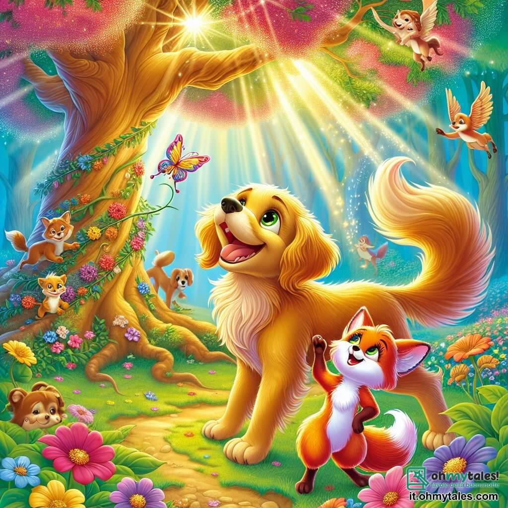 Un cane dorato di nome Leo, con occhi brillanti e un pelo lucido, si trova felicemente ai piedi di un grande albero fiorito, la coda che scodinzola con eccitazione. Accanto a lui, una piccola volpe rossa di nome Violetta, con un pelo vivace e occhi scintillanti, sorride guardando Leo, tenendo un fiore colorato nella zampa. Il contesto è una foresta incantata, con alberi maestosi dai tronchi spessi, foglie verdi brillanti e fiori multicolori che danzano nella leggera brezza. I raggi di sole filtrano tra i rami, creando un'atmosfera magica e accogliente. La scena mostra Leo e Violetta che celebrano la fioritura di un albero maestoso, circondati da animali felici che danzano e cantano, illustrando la magia dell'amicizia e delle buone azioni.