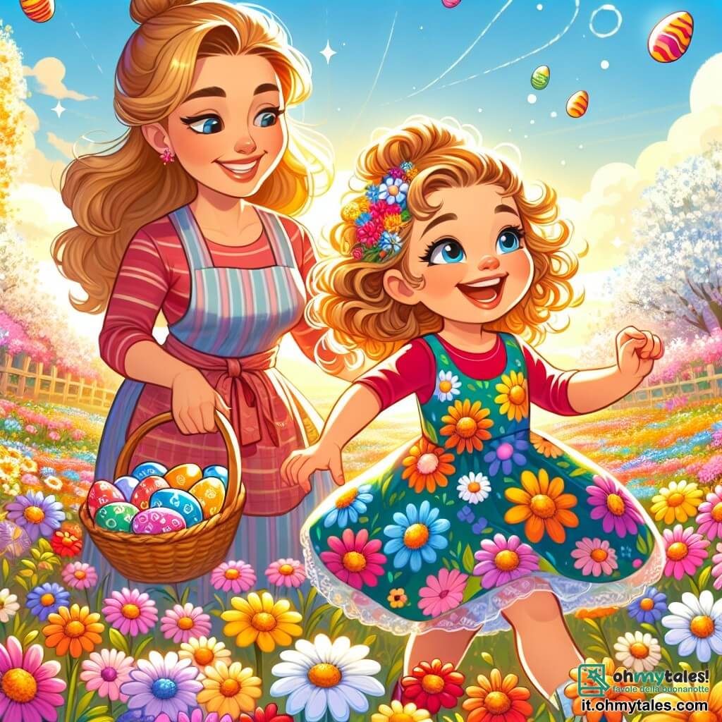 Una bambina di 5 anni, di nome Sofia, con capelli biondi e ricci, indossa un vestito colorato a fiori. Ha un grande sorriso sul volto, pieno di gioia ed eccitazione, mentre danza tra fiori multicolori in un campo soleggiato. Sua madre, una donna di circa trent'anni, è vicina, con capelli castani raccolti in uno chignon, indossando un grembiule e un sorriso caloroso. Guarda Sofia con orgoglio, tenendo un grande cesto pieno di uova di Pasqua colorate. Il luogo è un magnifico campo di fiori, illuminato dalla luce dorata del sole, con alberi in fiore sullo sfondo e un cielo blu punteggiato di nuvole bianche. La scena principale mostra Sofia che danza gioiosamente, circondata da fiori vivaci, mentre sua madre la incoraggia e sorride, creando un'atmosfera festosa e piena di vita per celebrare la magia della Pasqua.
