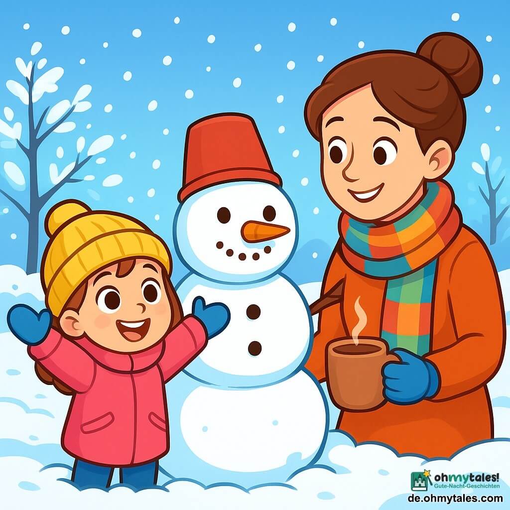 Ein kleines Mädchen von 4 Jahren namens Lina mit großen, strahlenden Augen und einem leuchtenden Lächeln trägt eine dicke rosa Jacke, eine gelbe Wollmütze und blaue Handschuhe. Sie baut einen Schneemann in einem verschneiten Garten, ihre Wangen sind vom Frost gerötet und sie wirkt fröhlich und erstaunt. Neben ihr steht ihre Mama, eine etwa 30-jährige Frau mit braunen, zu einem Dutt gebundenen Haaren und einem bunten Schal, die sie mit einem liebevollen Lächeln beobachtet und eine Tasse heiße Schokolade hält. Der Garten ist mit einer dicken Schicht glitzernden Schnees bedeckt, die Bäume haben frostbedeckte Äste und der Himmel ist hellblau. Lina hebt die Arme in die Luft, lacht laut, während sanfte Schneeflocken um sie herum fallen und eine magische, fröhliche Atmosphäre schaffen.