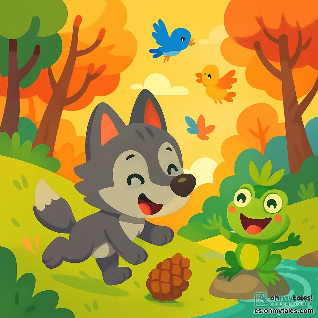 Un pequeño lobo de patas cortas y grandes orejas, con pelaje gris y ojos chispeantes de curiosidad, rueda felizmente por una colina, con una gran sonrisa en su rostro. A su lado, una rana verde con una corona de hojas, que salta de alegría, con los ojos muy abiertos de emoción, está sobre una piedra brillante al borde de un arroyo. Al fondo, un bosque encantado, con árboles de troncos torcidos y hojas multicolores, bañado en una luz dorada del sol poniente. En esta escena, el pequeño lobo tropieza con una piña, provocando una carcajada en la rana, mientras aves coloridas vuelan a su alrededor, sumando a la atmósfera alegre y lúdica.