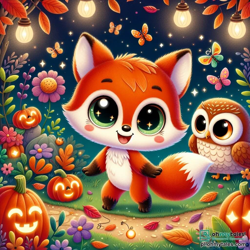 W magicznym ogrodzie Halloween mały rudy lisek o imieniu Felek, z dużymi, błyszczącymi oczami pełnymi ciekawości i radosnym uśmiechem, tańczy wśród kolorowych liści i małych migoczących lampionów. Obok niego mądra sowa o imieniu Zuzia, z miękkim upierzeniem i dużymi okrągłymi oczami, z zachwytem obserwuje, z lekko rozpostartymi skrzydłami, gotowa do lotu. Ogród jest oświetlony przez świecące świetliki, z uśmiechniętymi dyniami i kwiatami w żywych kolorach, tworząc zaczarowaną i radosną atmosferę pod gwiaździstym niebem. Felek i Zuzia wspólnie celebrują magię Halloween, radośnie tańcząc wśród świetlnych dekoracji i śpiewów dyni, pełni ekscytacji i szczęścia.