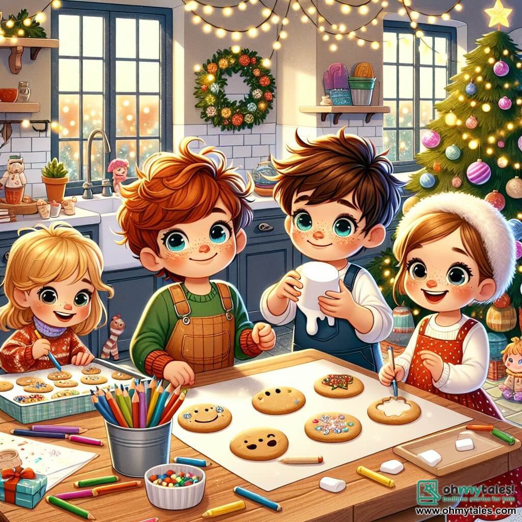 In a cozy kitchen, an 8-year-old boy named Tommy, with messy brown hair and sparkling blue eyes, stands in the center, smiling with hands full of cookie dough. To his right, Lily, a 7-year-old girl with curly blonde hair, happily draws on a large piece of colorful paper, surrounded by multicolored crayons. On the left, Max, an 8-year-old boy with glasses and freckles, laughs while holding a giant marshmallow, ready to build a snowman. Finally, Rosie, a 6-year-old girl with brown hair and a red dress, crouches by the table, decorating cookies with sprinkles and icing. The kitchen is adorned with twinkling lights and a large Christmas tree visible through the window, filled with colorful ornaments and a shining star on top. On the table, a platter of golden cookies and a marshmallow snowman proudly add a festive touch to the atmosphere. The children are busy preparing a Christmas surprise for Tommy's mom, filled with excitement and laughter, creating unforgettable memories together.