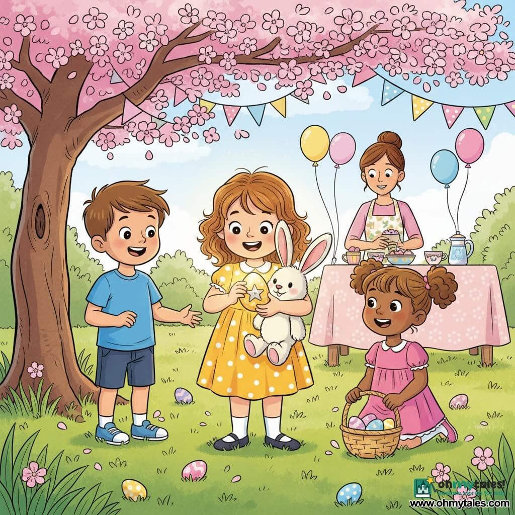 A joyful, wide-eyed 4-year-old girl with light brown curly hair in a yellow polka-dot dress delicately opens a small golden egg with a silver star; a white plush rabbit named Fluffy with big pink ears sits on her arm watching curiously; Sam, about 5, with short brown hair and a blue T‑shirt stands to her left reaching to see the egg; Lily, about 4, with blonde braids in a pink dress kneels to the right by a small wicker basket of colorful eggs; their mother, about 30, hair tied back and wearing a floral apron, watches tenderly from the background near a table with small cups and treats; they are in a bright spring garden under a flowering cherry tree with green grass dotted with painted eggs and pastel banners and balloons, the main moment a warm, magical scene as soft golden light streams from the starry egg, faces full of wonder, crisp lines, saturated colors, clear-drawing style with soft outlines suitable for toddlers.
