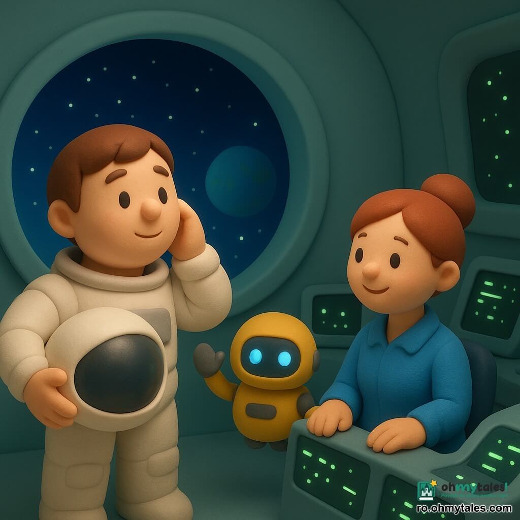 Un bărbat astronaut de circa 30 de ani, față rotundă, păr scurt șaten, costum spațial alb și cască strălucitoare sub braț, expresie blândă și uimită, își atinge viziera privind stelele; o femeie controlor de misiune, coc, bluză albastră, stă așezată la ecrane luminoase, zâmbitoare și atentă, îl privește de la o consolă în dreapta; un mic robot rotund galben-gri cu ochi LED albaștri plutește la înălțimea pieptului lângă bărbat și face un gest prietenos; locația este o cabină de control spațial cu pereți rotunjiți, ecrane negre și verzi care pâlpâie ca licuricii și un mare hublou circular cu cer înstelat și o planetă albastră; scena e un moment calm și liniștitor înainte de plecare: astronautul salută stelele, înconjurat de echipă și robot, atmosferă pașnică, lumini moi și culori pastel.
