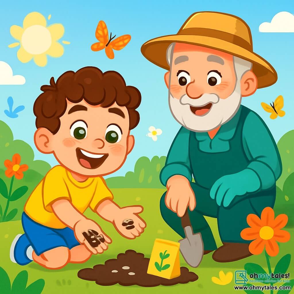 A 6-year-old boy, Oliver, with curly brown hair and sparkling green eyes, joyfully smiles as he plants sunflower seeds in a sunny garden. He wears a bright yellow t-shirt and blue shorts, with his hands covered in soil, showcasing his enthusiasm and curiosity. Next to him, Mr. Green, an elderly man around 60, with a gray beard and a gardener's hat, watches Oliver with a kind smile, holding a small shovel. In the background, the garden is filled with colorful flowers, fluttering butterflies, and a bright blue sky, creating a cheerful and spring-like atmosphere. The scene depicts Oliver planting seeds, surrounded by greenery, symbolizing the start of the spring season.