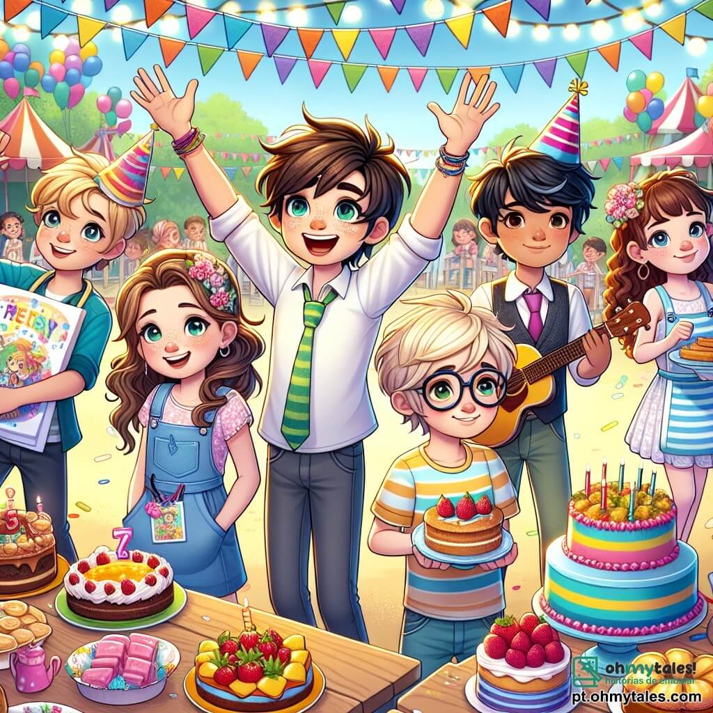 Dans um ambiente colorido, cinco crianças de oito anos estão juntas, sorridentes e cheias de energia. Lucas, um menino de cabelo castanho e olhos brilhantes, está no centro, levantando os braços em sinal de alegria. À sua direita, Miguel, um menino de cabelo loiro e óculos, segura um grande cartaz colorido com a inscrição "Ajude-nos!" em letras alegres. À esquerda, Ana, uma menina de cabelo longo e cacheado, usa um avental e segura um prato de deliciosos bolos. Logo atrás deles, João, um menino de cabelo negro e um chapéu de festa, toca música em um pequeno violão. Por fim, Sofia, uma menina de cabelo castanho e um sorriso tímido, fica um pouco afastada, com os olhos brilhando de esperança. A cena acontece no jardim de uma escola, decorado com balões coloridos e guirlandas. Mesas estão cheias de bolos, frutas e bebidas, enquanto crianças dançam e riem ao redor. A atmosfera é festiva e acolhedora, repleta de luz e cores vivas. Os crianças estão organizando uma grande festa para arrecadar fundos e alimentos para ajudar famílias necessitadas, unidas em sua missão de solidariedade e compartilhamento, ilustrando a alegria de dar e receber.