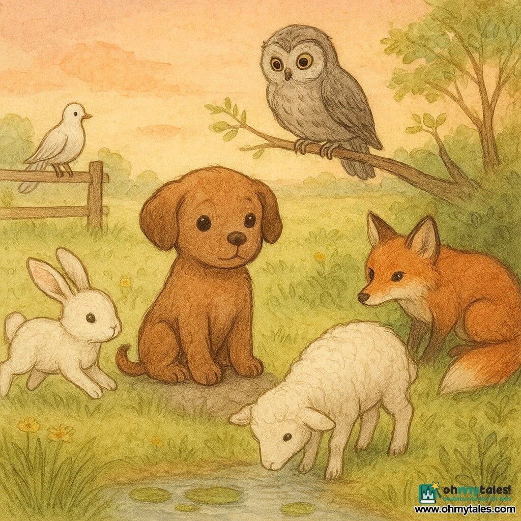 A small dog named Pip with soft brown fur, round bright eyes and a curled tail sits with a paw on a rock, watching a cream-furred white-eared rabbit gently bounding in the grass to his front-left; a grey-and-black owl with amber eyes perches on a low branch above, a russet fox with a white-tipped bushy tail crouches in shadow to the right, a woolly white lamb drinks from a small stream by the dog's paws, and a white dove rests on a wooden fence in the midground; they gather peacefully in a sunset meadow of green grass dotted with yellow flowers, a small pond with water lilies, a few delicate-leaved trees and a pink-orange sky, the scene intimate and warm, showing Pip learning the value of differences with soft contrasts and pastel colors.