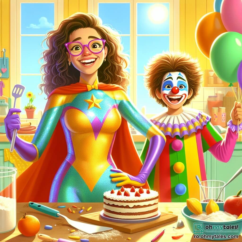 Maria, o supereroină veselă, este o tânără cu părul creț și ochelari colorați. Ea poartă un costum strălucitor în culori vii, cu o pelerină care flutură în spate. Zâmbește larg, ținând o spatulă într-o mână și o farfurie cu prăjituri în cealaltă, pregătită să împărtășească bucuria. Lângă ea se află Pufi, un băiat stângaci de aproximativ 10 ani, îmbrăcat într-un costum de clown colorat, cu un nas roșu și pantofi prea mari. El jonglează cu baloane de săpun, dar pare pe punctul de a se împiedica, ceea ce o face pe Maria să râdă. Scena se desfășoară într-o bucătărie luminoasă și primitoare, cu pereți vopsiți în galben pastel și feronerie care lasă să intre lumina soarelui. Pe masă, sunt ingredientele împrăștiate: făină, fructe și prăjituri proaspăt coapte, emanând o aromă dulce delicioasă. Maria și Pufi se distrează pregătind prăjituri împreună, râzând și creând momente comice, descoperind bucuria prieteniei și a gătitului.