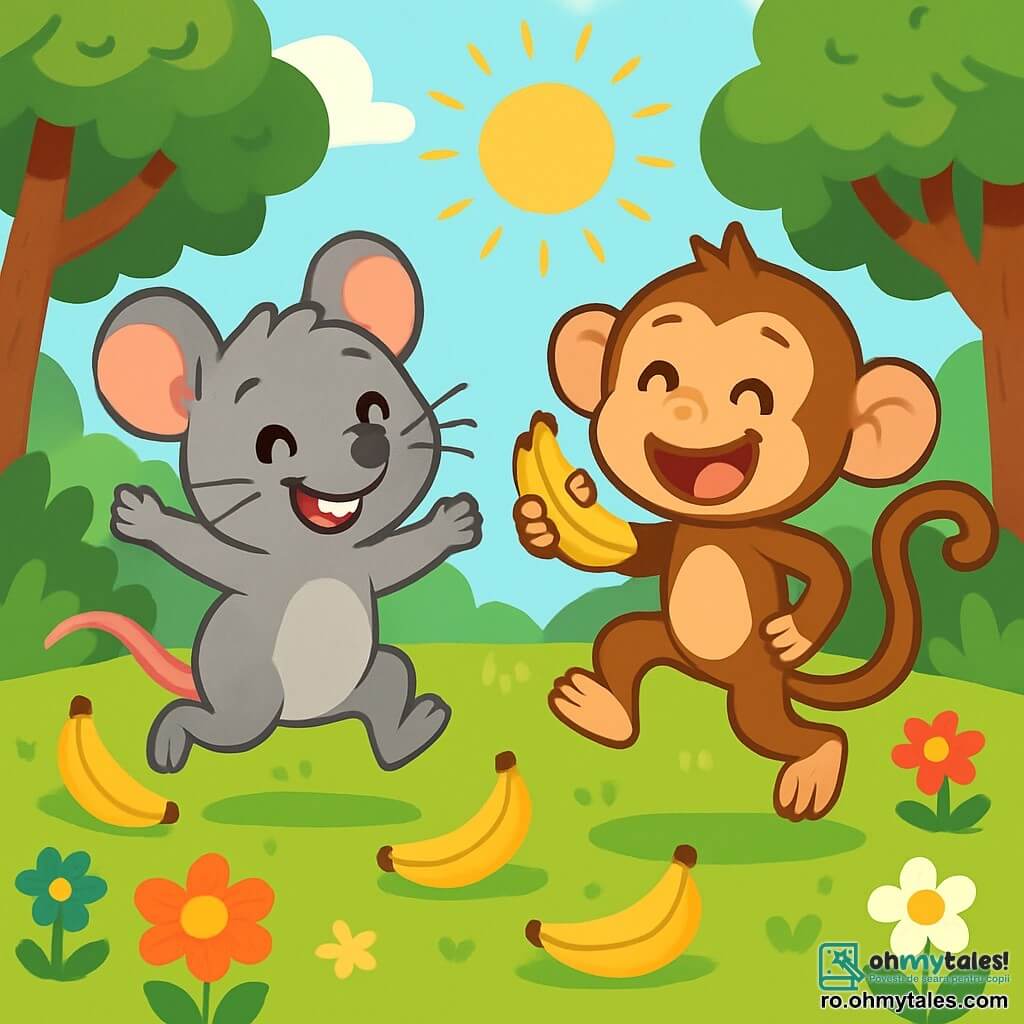 Un șoricel pe nume Rățușel, cu blană gri și ochi jucăuși, sare vesel într-o poiană plină de banane, zâmbind ștrengărește. Lângă el, Maimuțelul Max, o maimuță căprie cu coadă lungă, râde ținând o banană, pregătit să sară la fel de sus. Poiana este înconjurată de copaci verzi, flori colorate și raze de soare care creează o atmosferă veselă. Rățușel și Max se pregătesc pentru o competiție de sărituri, fiecare încercând să-l învingă pe celălalt în râsete și culori.