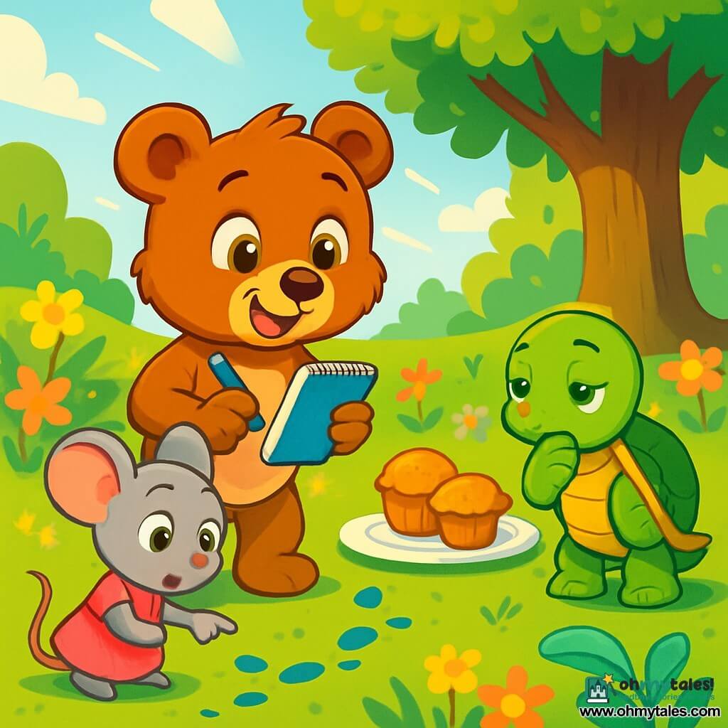 Benny, a brown teddy bear with sparkling eyes and a cheerful smile, stands on his hind legs, holding a small notebook and a magic pen, with an expression of curiosity and excitement on his face. Next to him, Mia, a small gray mouse with big ears and a pink dress, looks intrigued with wide eyes as she points to a trail of blue crumbs on the ground. Toby, a green turtle with a shiny shell, stands a bit back, observing the scene thoughtfully, as if pondering the next step in their investigation. The scene takes place in a sunny garden filled with colorful flowers and lush trees, with a large oak tree in the center, under which sits a plate of muffins. Sunlight filters through the leaves, creating dancing shadows on the grass. Benny and his friends are discovering clues to solve the mystery of a missing muffin, surrounded by a joyful atmosphere of adventure.