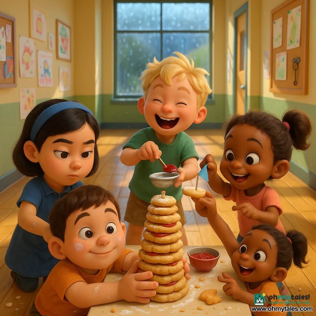 An 8-year-old boy, happy and attentive with a round face and short brown hair dusted with flour, steadies a leaning tower of cookies with both hands; to his left Mina, about 8, with black hair and a blue headband, concentrates as she sprinkles powdered sugar with a spatula; behind the tower Ollie, about 8, blond and tousled, laughs as he presses red jam on a cookie with a spoon; to the right Bea, about 7–8, small and lively with chestnut hair in a ponytail, places a small paper flag on top. The scene is a bright school corridor with a shiny wooden floor and sun patches, drawing boards on the walls, a large rainy window letting in soft light, and a bulletin board with an oven key; the children are crowded around a low table with bowls of dough, spoons, jam pots and a miniature oven nearby, joyful and slightly chaotic with crumbs and flour, vivid colors and soft textures, composition centered on the leaning cookie tower and their helping gestures.