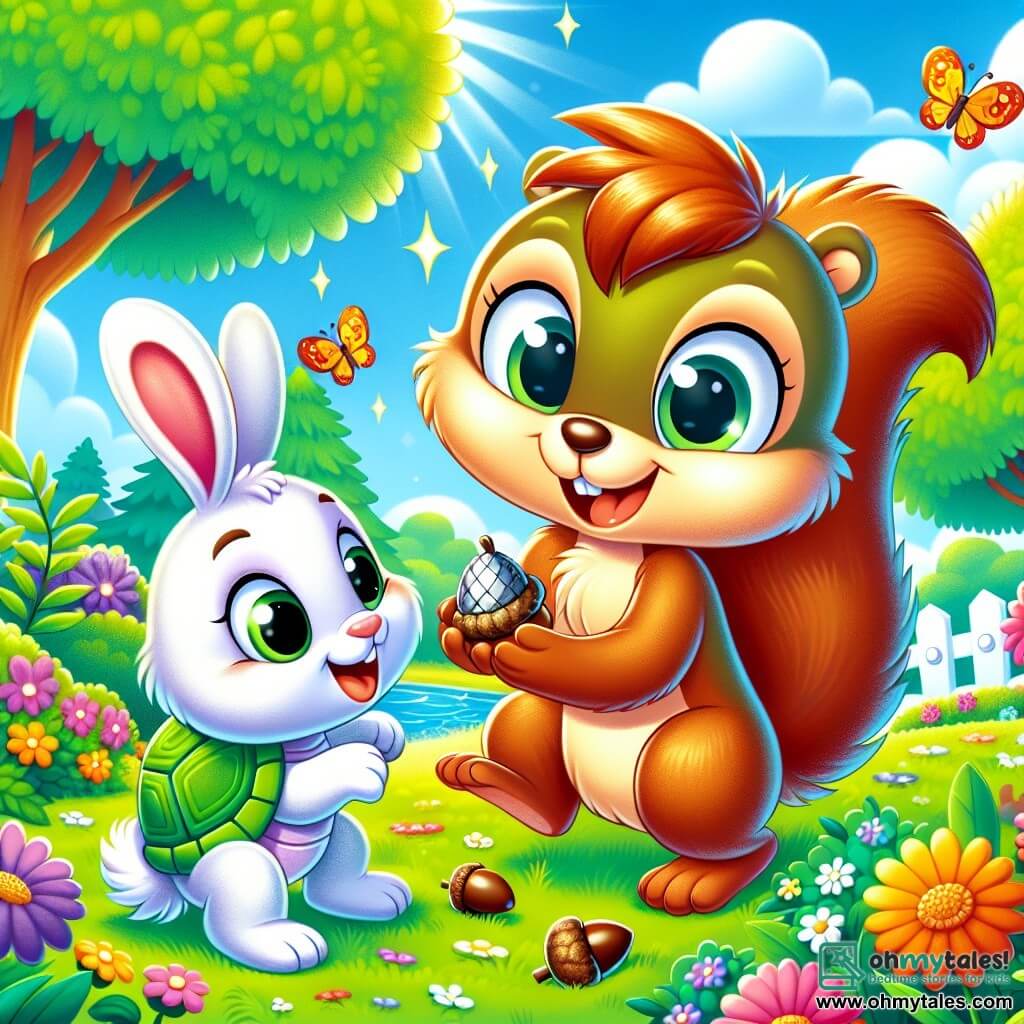A little squirrel named Sammy, with soft brown fur and a bushy tail, joyfully jumps in a sunny garden, his eyes shining with happiness. He holds a small silver acorn in his front paws, a wide smile on his face. Next to him, Benny the rabbit, with his white fur and long upright ears, jumps enthusiastically, his eyes sparkling with joy. He is looking at the treasure Sammy found while standing near a flowering bush. Tina the turtle, with her green shell and gentle eyes, is a bit behind, smiling slowly, her paws resting on the grass. She admires her friends, happy to be included in this adventure. The setting is a vibrant garden filled with colorful flowers, tall green trees, and a small pond sparkling in the sun. Butterflies dance around, adding a touch of magic to the environment. The main scene shows Sammy, Benny, and Tina celebrating their treasure discovery, surrounded by laughter and friendship, illustrating the joy of a beautiful day together.