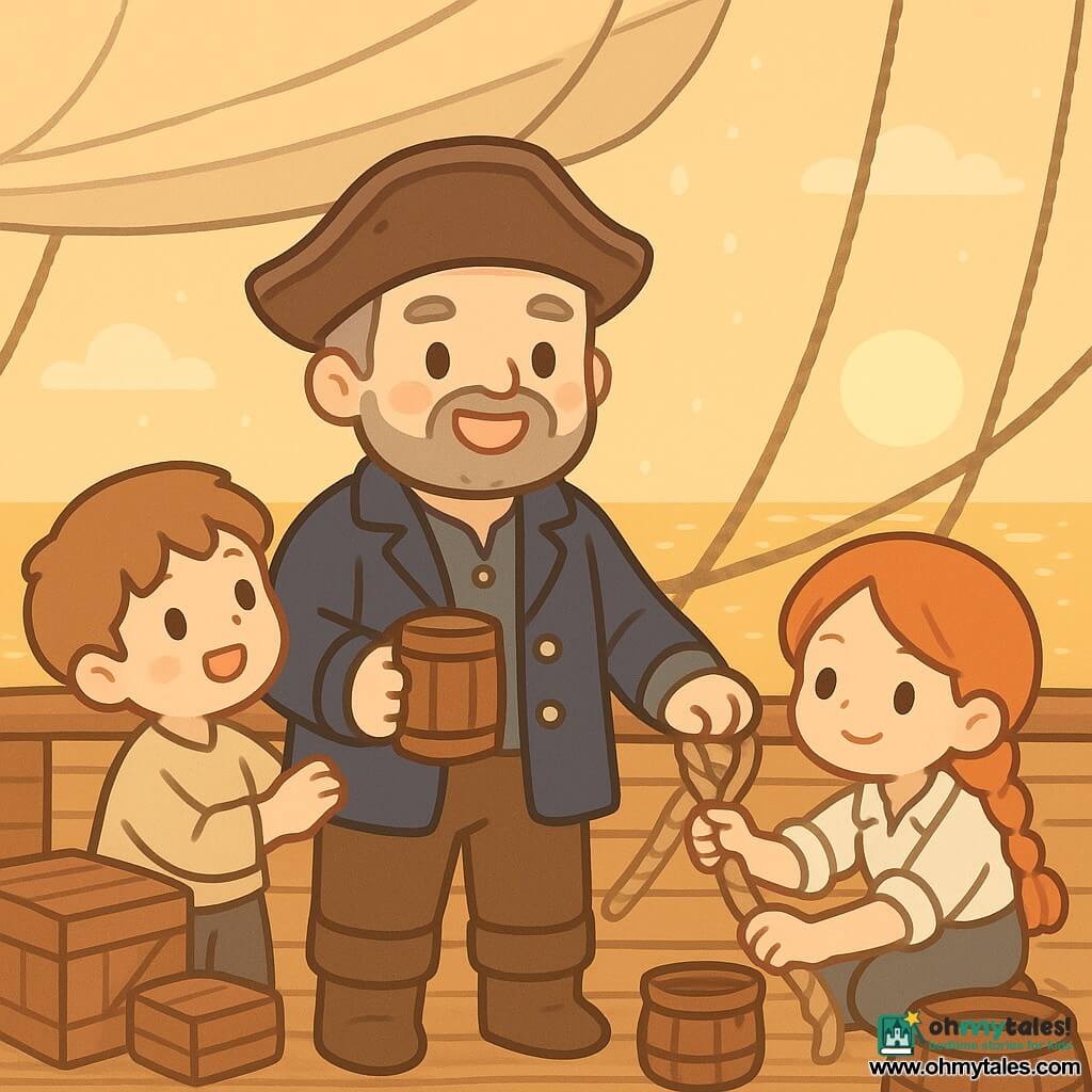 A proud, relieved Captain Finn (weathered face, short gray beard, worn leather hat, navy jacket with gold buttons) stands center on a varnished wooden pirate deck holding a wooden mug and a hand on a rope; to his right First Mate Molly, ~28, energetic and confident with red braided hair and rolled-up sleeves, crouches tightening a complex knot on a beige canvas sail overhead; to his left Tim, ~12, eager with light brown hair and simple clothes, tugs the captain’s sleeve and watches the sail near stacked crates; after the storm the crew celebrates under the intact sail in warm golden sunset light with a calm shimmering sea, dripping water, visible rope knots and plank nails, and a gentle breeze; style: minimal kawaii, rounded shapes, soft colors, clear contrasts, bold lines, exaggerated readable expressions.
