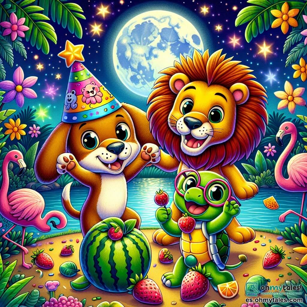 Max, un perro marrón con orejas grandes y ojos brillantes de curiosidad, está en el centro de la escena, con una gran sonrisa en su rostro, usando un sombrero divertido decorado con pequeños huesos. A su lado, Leo, un majestuoso león con una melena dorada, ruge alegremente, mientras que Tilly, una tortuga verde con gafas en la nariz, sonríe sosteniendo una fresa en sus patas. La escena tiene lugar en una jungla vibrante, llena de vegetación exuberante, flores coloridas y un cielo estrellado iluminado por una gran luna llena. Al fondo, un estanque brilla, reflejando la luz de la luna, mientras flamencos rosas bailan alegremente sobre el agua. La situación principal muestra a Max y sus amigos celebrando una fiesta de frutas, con frutas coloridas esparcidas a su alrededor, mientras bailan y ríen juntos, creando una atmósfera de alegría y amistad.