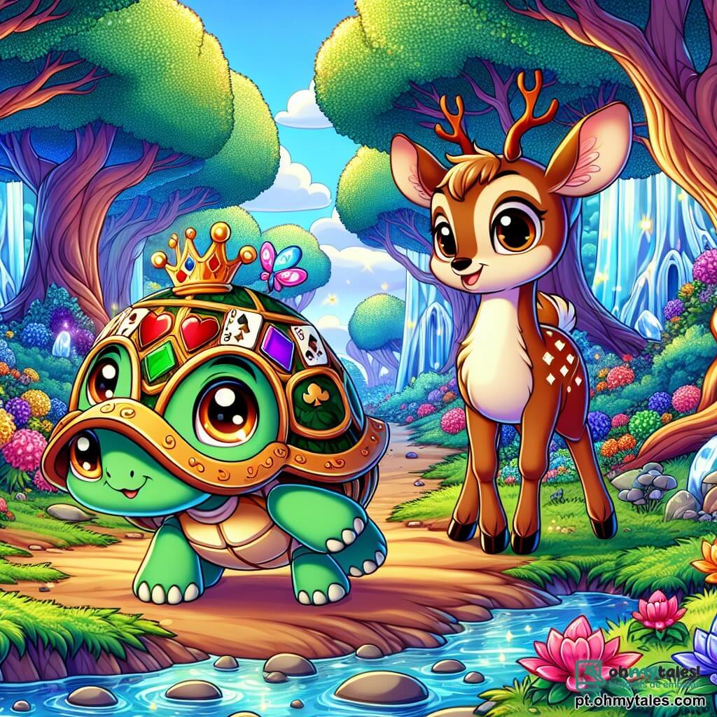 Uma pequena tartaruga chamada Tita, com um bonito capacete decorado com padrões de cartas, avança lentamente, mas com determinação, seus olhos dourados brilhando de curiosidade e excitação. Ao lado dela, uma corça de pelagem marrom claro, com olhos suaves e orelhas atentas, a observa com gratidão, apoiando-se em uma pata, pronta para ajudar. O cenário é uma floresta encantada, onde árvores majestosas com troncos grossos se elevam em direção ao céu, suas folhas verde-esmeralda cintilando sob a luz do sol. Flores coloridas e pedras brilhantes pontilham o solo, enquanto um riacho cristalino serpenteia pela paisagem, refletindo os raios do sol. Tita se dirige ao Vale do Espelho Encantado, onde deve encontrar a lendária Flor Azul, cercada por uma aura mágica, enfrentando desafios e ajudando seus amigos animais.