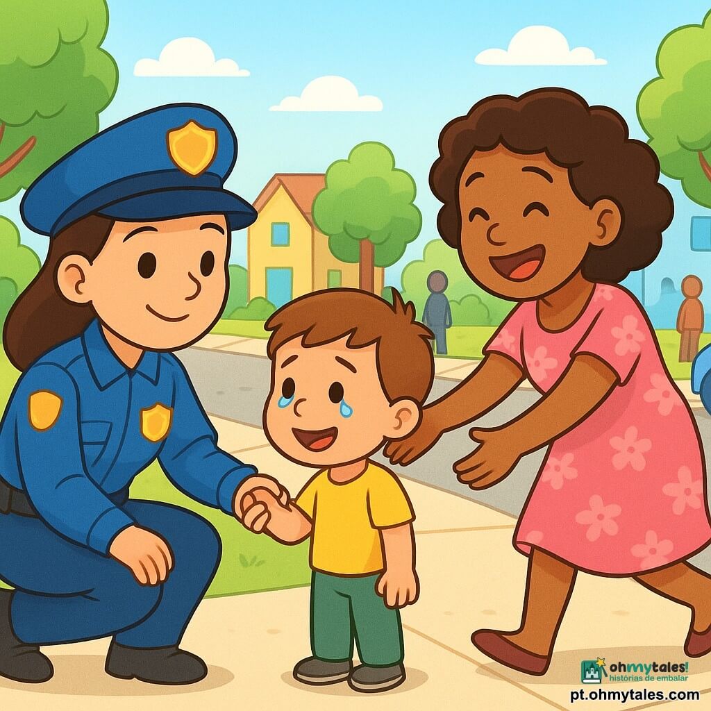 Uma policial sorridente de uniforme azul vivo e boina, ajoelhada e segurando a mão de um menino de 4 anos de cabelos castanho-curtos, calça verde e camiseta amarela, com lágrimas no rosto começando a sorrir; a mãe, cerca de 30 anos, em vestido rosa floral, corre para abraçá‑lo com alívio e alegria; ao fundo, rua ensolarada de bairro com calçada clara, casas em tons pastel, árvores arredondadas, um carro azul estacionado e transeuntes sorridentes à distância, cena calorosa e segura, cores vivas e contornos suaves.