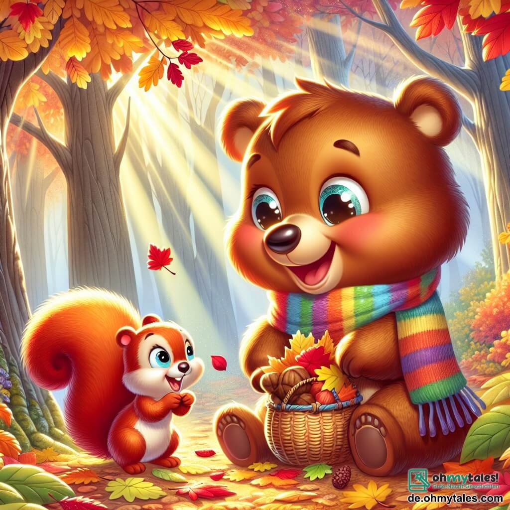 Ein kleiner brauner Bär mit funkelnden Augen und einem fröhlichen Lächeln, der einen bunten Schal trägt, sammelt leuchtend bunte Herbstblätter und hat einen staunenden Gesichtsausdruck. Neben ihm schaut ein schelmisches Eichhörnchen mit rotem Fell und buschigem Schwanz, das einen kleinen Korb voller Nüsse hält, den kleinen Bären mit einem verschwörerischen und begeisterten Blick an. Die Szene spielt in einem verzauberten Wald, wo majestätische Bäume mit goldenen, roten und orangefarbenen Blättern bedeckt sind und der Boden mit einem Teppich aus knusprigen Blättern ausgelegt ist. Sonnenstrahlen filtern durch die Äste und schaffen eine warme und einladende Atmosphäre. In dieser Illustration haben der kleine Bär und das Eichhörnchen Spaß daran, bunte Blätter zu sammeln und lachen dabei, während sie die Schönheit des Herbstes und ihre Freundschaft genießen.