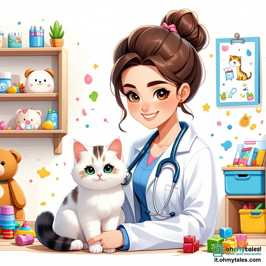 La scena si svolge in una clinica veterinaria luminosa e accogliente, con pareti decorate da disegni di animali colorati e giocattoli sparsi sul pavimento. Al centro, la dottoressa Sofia, una donna di circa trent'anni con i capelli castani raccolti in uno chignon, indossa un camice bianco e un sorriso caloroso. Sta accarezzando un piccolo gatto bianco di nome Fiocco, mostrando un'espressione di dolcezza e compassione. Accanto a lei, una bambina di circa 8 anni, Anna, con trecce bionde e un vestito rosa, osserva con meraviglia, tenendo un quaderno da disegno. Un ragazzo di 7 anni, Luca, con i capelli castani e una maglietta con un dinosauro, si trova un po' in disparte, affascinato dalla scena. La clinica è piena di luce naturale grazie a grandi finestre, e piante verdi aggiungono vita all'ambiente. La situazione principale mostra Sofia mentre esamina Fiocco, mentre Anna e Luca guardano con curiosità, catturati dalla cura e dall'amore che la veterinaria dedica all'animale.