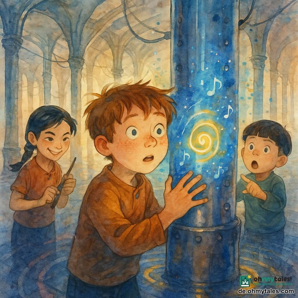 Ein etwa zehnjähriger Junge, Jaro, rundes Gesicht mit Sommersprossen, zerzauste kastanienbraune Haare, staunende, weit geöffnete Augen, Hände auf einer glänzenden Metall-Säule, die einen blauen Heiligenschein ausstrahlt, neugierig und vorsichtig; ein Mädchen von etwa zehn, Lian, schwarze Zöpfe, schelmisches aber konzentriertes Lächeln, hält ein kleines skizziertes Werkzeug und steht leicht hinter links von Jaro, blickt zur Säule; ein etwa siebenjähriger Junge, Tao, mit Schälhaarschnitt, überrascht mit offenem Mund, steht rechts etwas zurück und zeigt auf Funken; große industrielle Resonanzhalle mit reihenhohen metallischen Säulen, genieteten Platten, hängenden Kabeln und dunklem Plattenboden, farbige Reflexe und spiralförmiges Lichtmuster; Hauptszene: Jaro aktiviert ein leuchtendes Luftsymbol, die Säule pulsiert blau und gold, holografische Spiralmuster und schwebende visuelle Noten, spritzerartige Aquarell-Effekte deuten auf Vibration und technomagische Energie hin.
