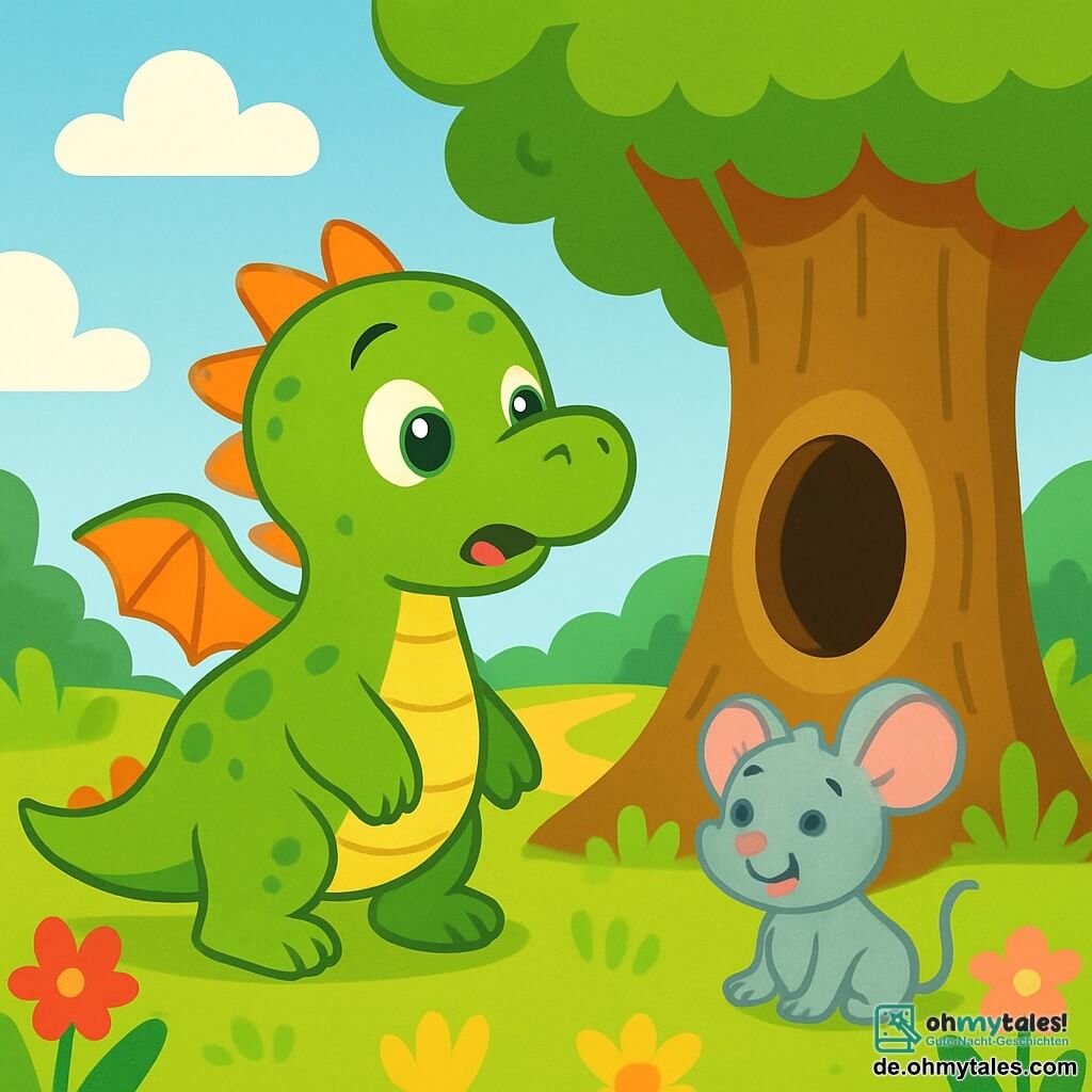 Ein kleiner grüner Drache namens Finn, mit glänzenden Schuppen und neugierigen Augen, steht vor einem großen Baum mit einem geheimnisvollen Loch. Er sieht erstaunt und ein wenig überrascht aus, seine kleinen Flügel sind leicht ausgebreitet. Neben ihm schaut eine kleine graue Maus namens Max, mit großen Ohren und einem fröhlichen Lächeln, aufgeregt auf das Loch, ihre Vorderpfoten auf dem Boden. Der Ort ist ein üppiger Garten, gefüllt mit bunten Blumen und strahlend grünem Gras, unter einem hellblauen Himmel mit flauschigen weißen Wolken. Im Hintergrund sieht man einen kleinen, gewundenen Erdweg, der durch den Garten führt. Die Hauptsituation zeigt Finn und Max, die das Loch im Baum entdecken, bereit für eine neue Abenteuerreise, mit Begeisterung und Neugier in ihren Gesichtern.